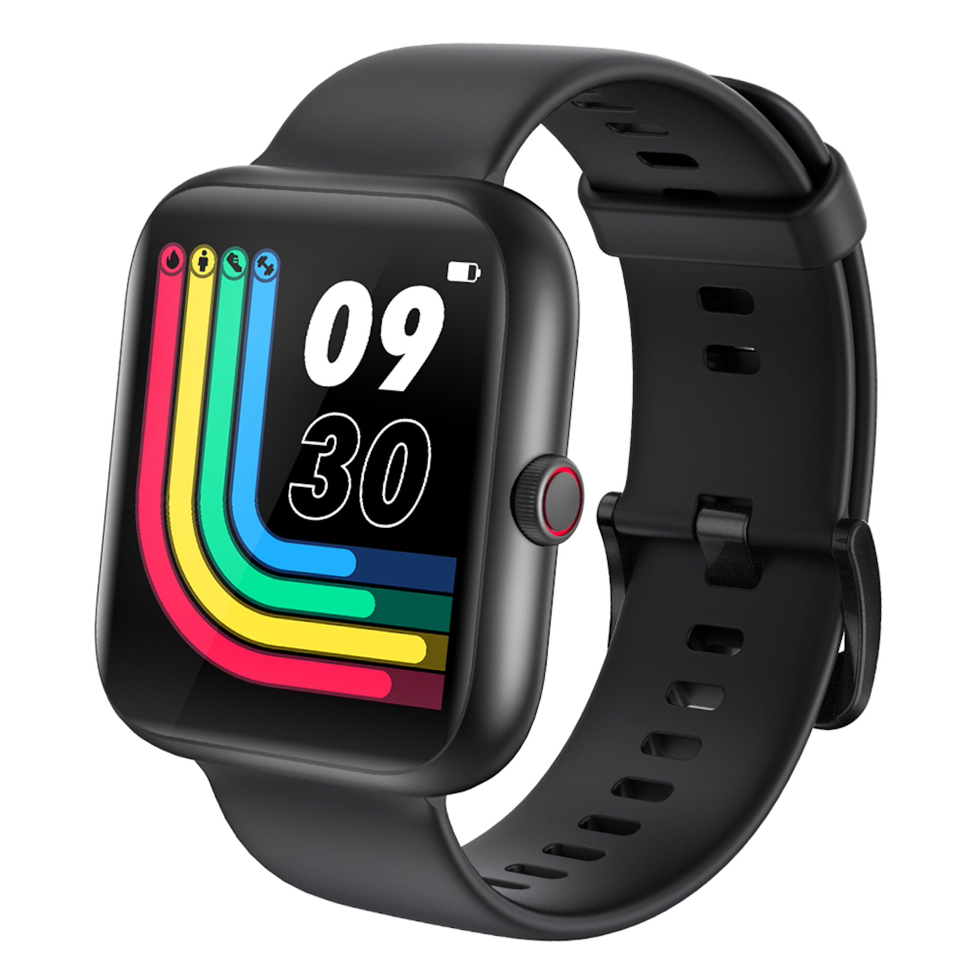 Smartwatch nero con cinturino nero, che mostra l'ora, una barra arcobaleno e la durata della batteria.