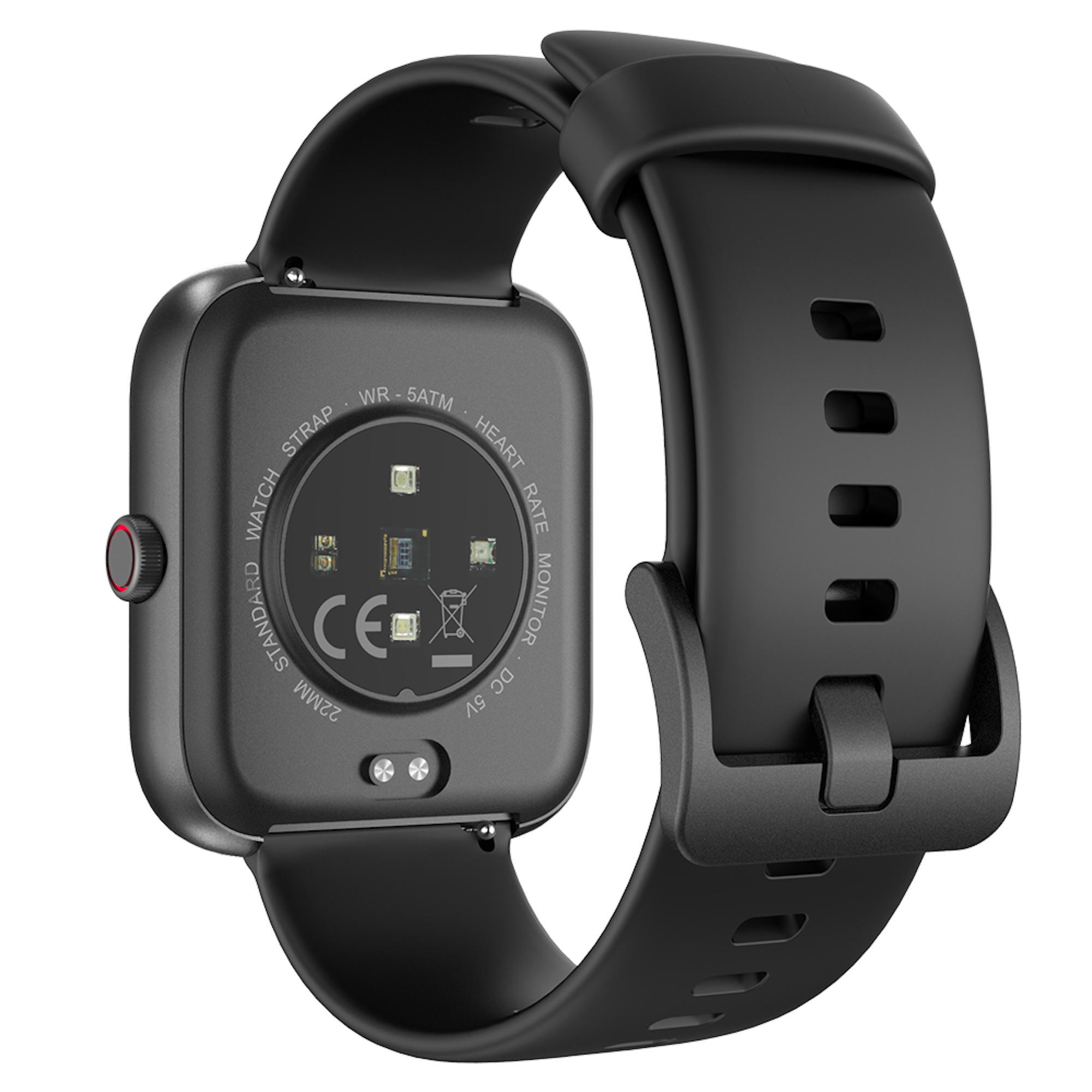 Smartwatch nero, che mostra il retro, con cinturino nero.