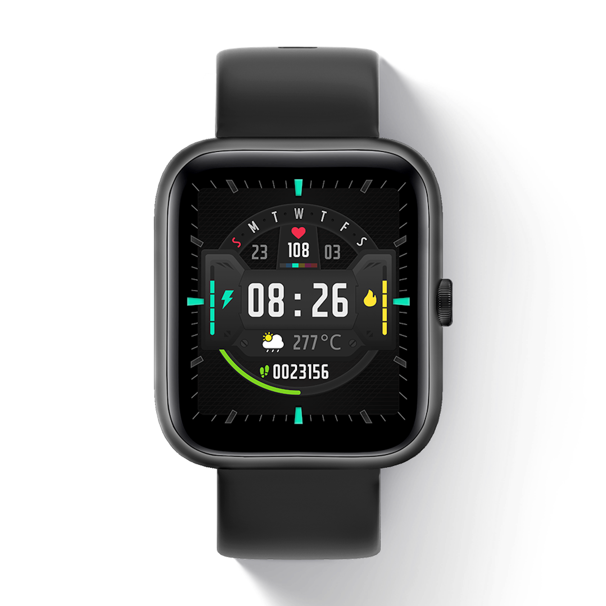 Smartwatch nero con schermo quadrato. Mostra ora, data e temperatura.