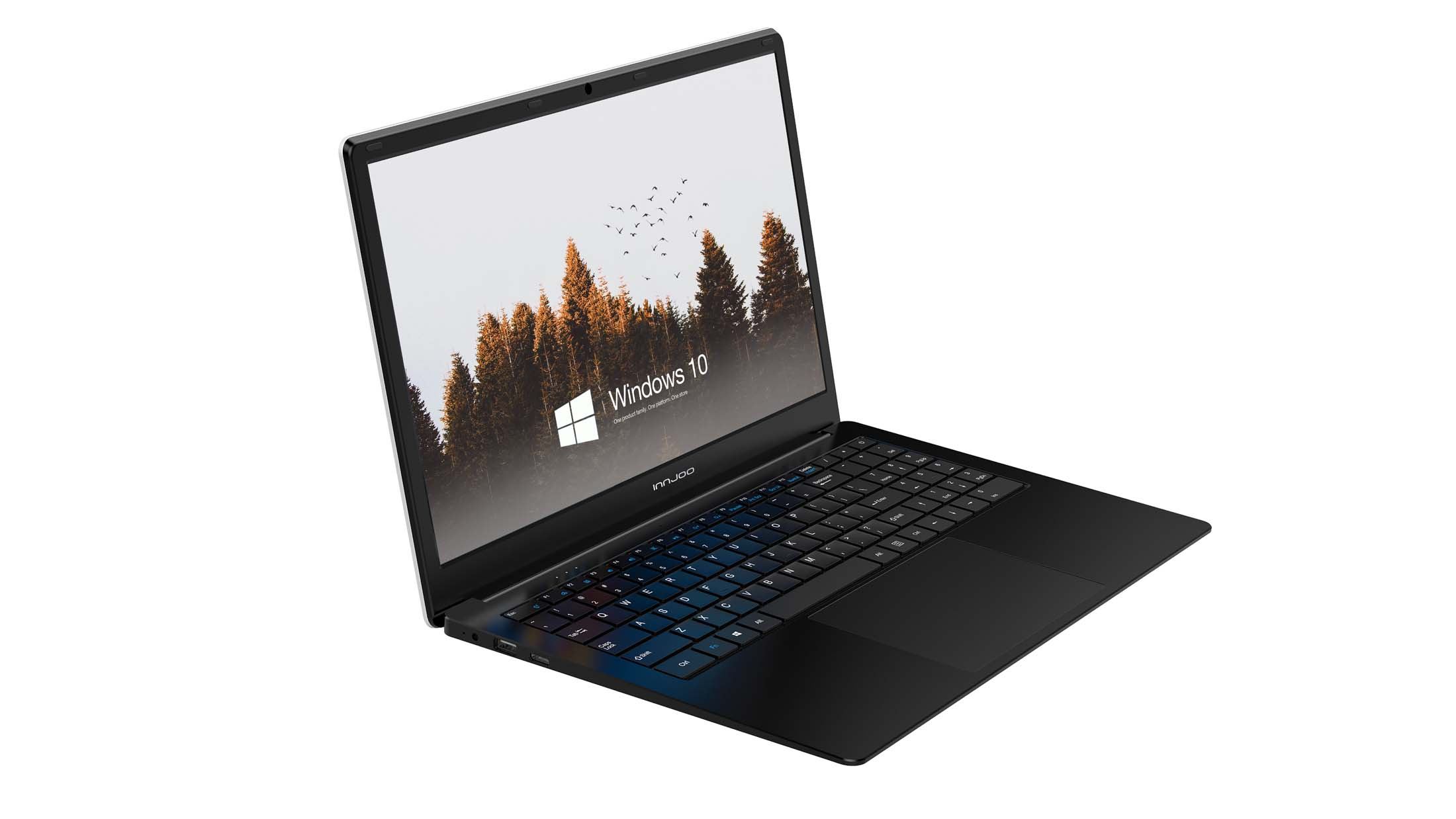 Portátil negro con pantalla de Windows 10 abierta. Fondo blanco.