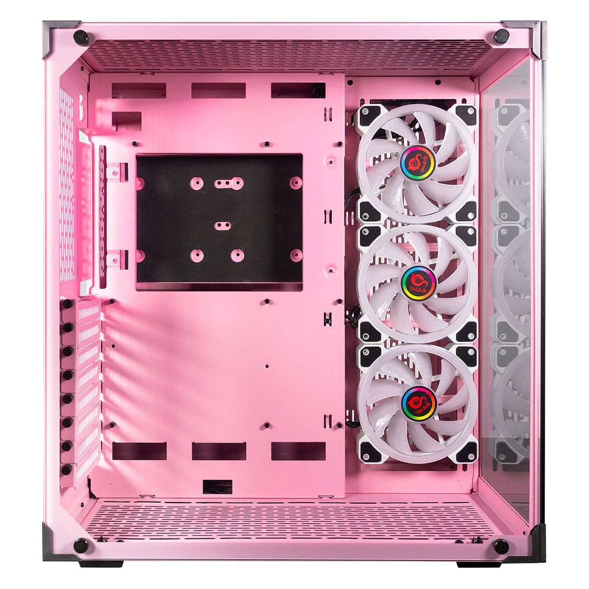 Una caja de PC rosa con ventiladores dentro. Tiene un panel lateral transparente y agujeros para componentes.