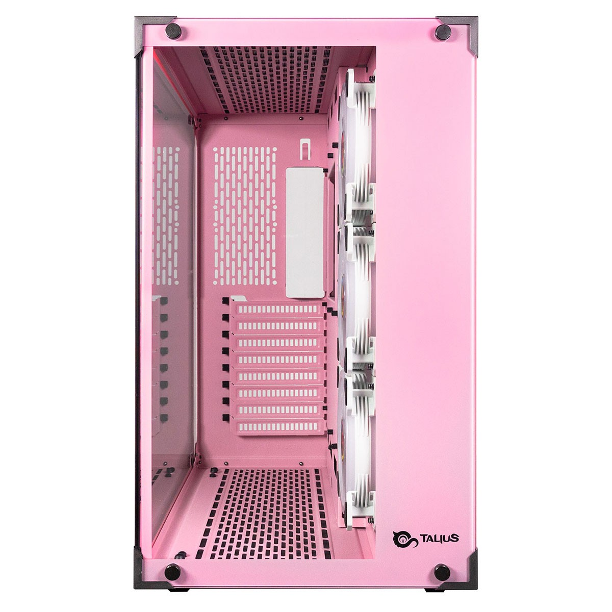 Caja de ordenador rosa, abierta. Tiene ventiladores y un panel lateral de vidrio. Esquinas negras. Fondo blanco.