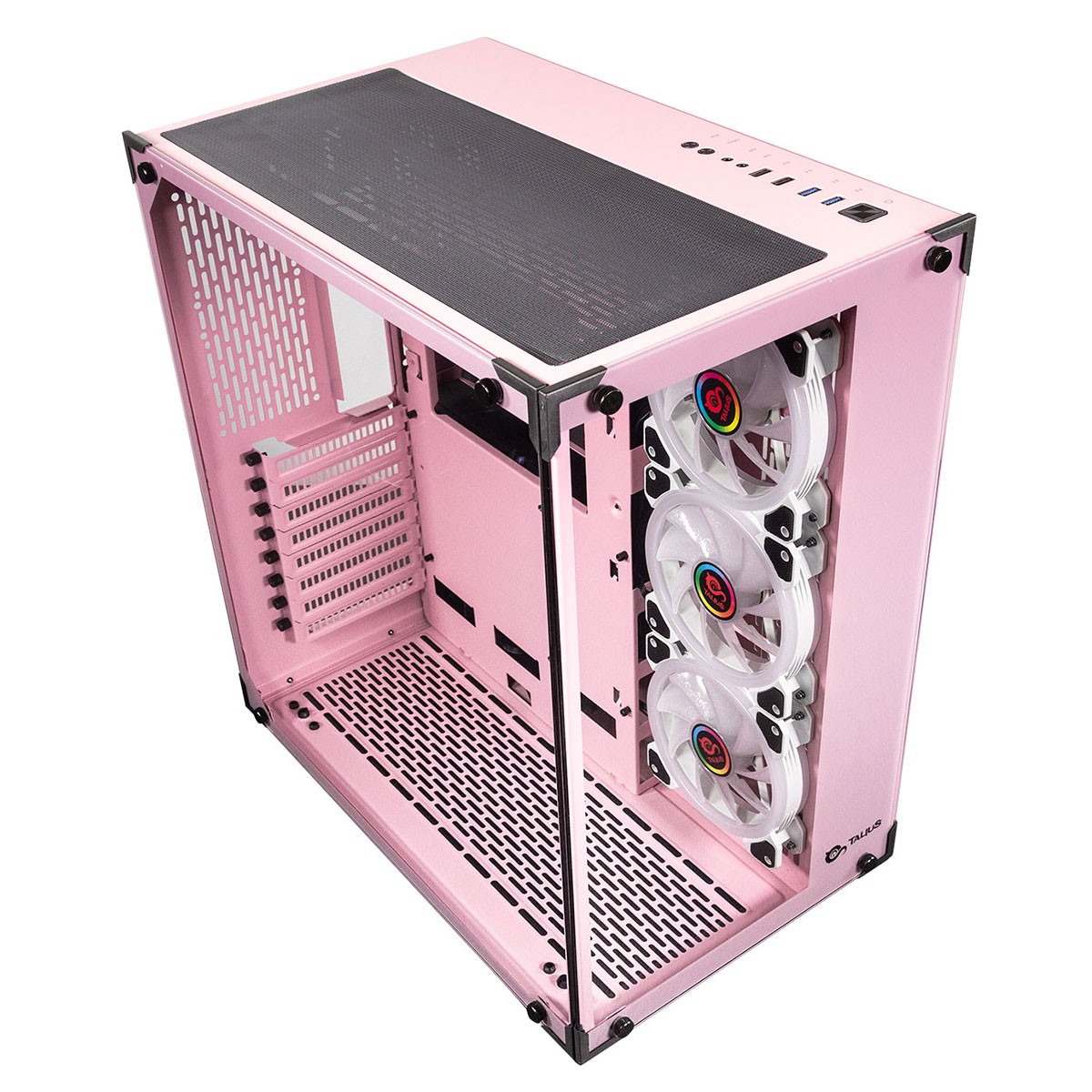Carcasa de PC rosa con panel lateral transparente, luces de ventilador visibles, sobre fondo blanco.