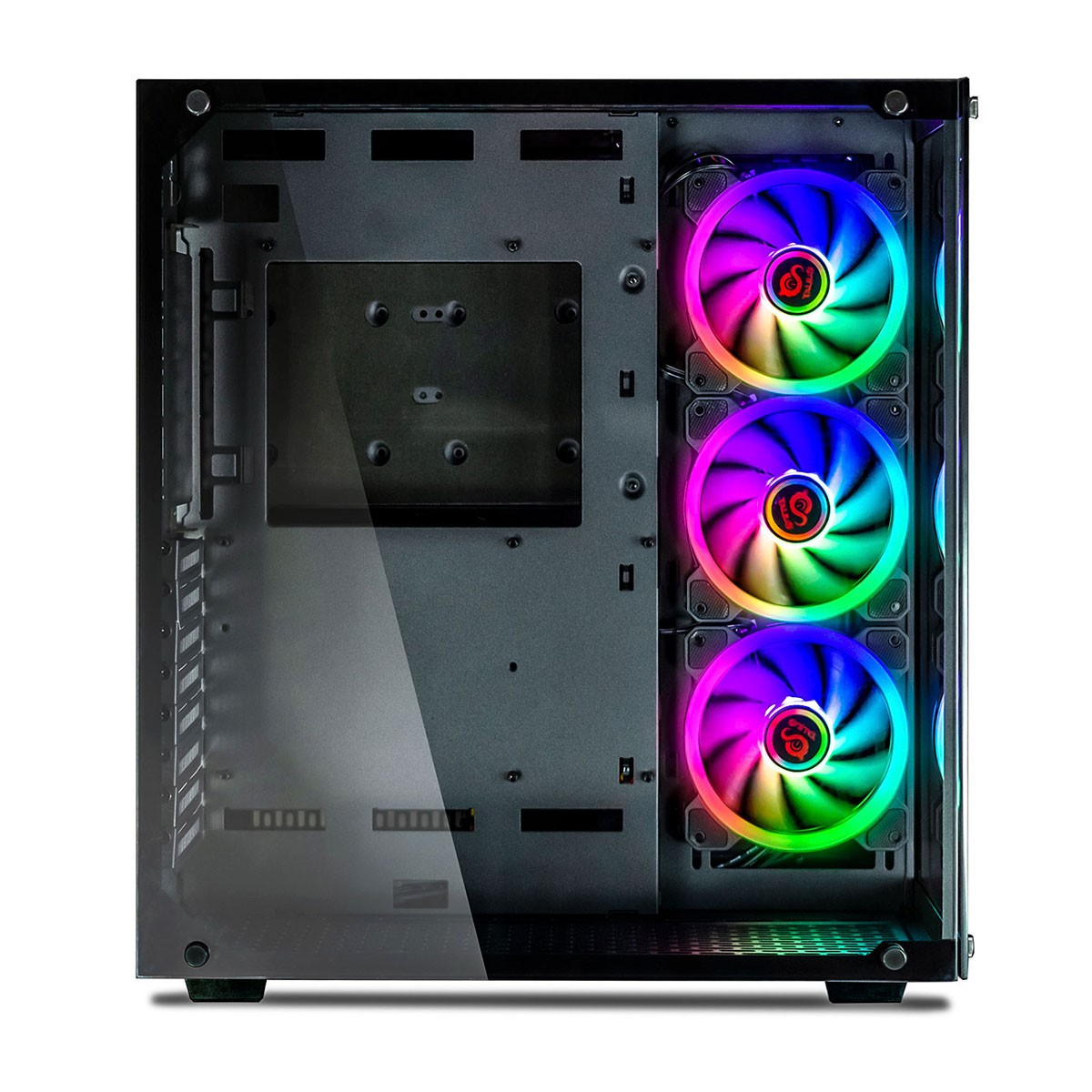 Interno di un case per computer con ventole RGB colorate. Ha un pannello laterale in vetro.