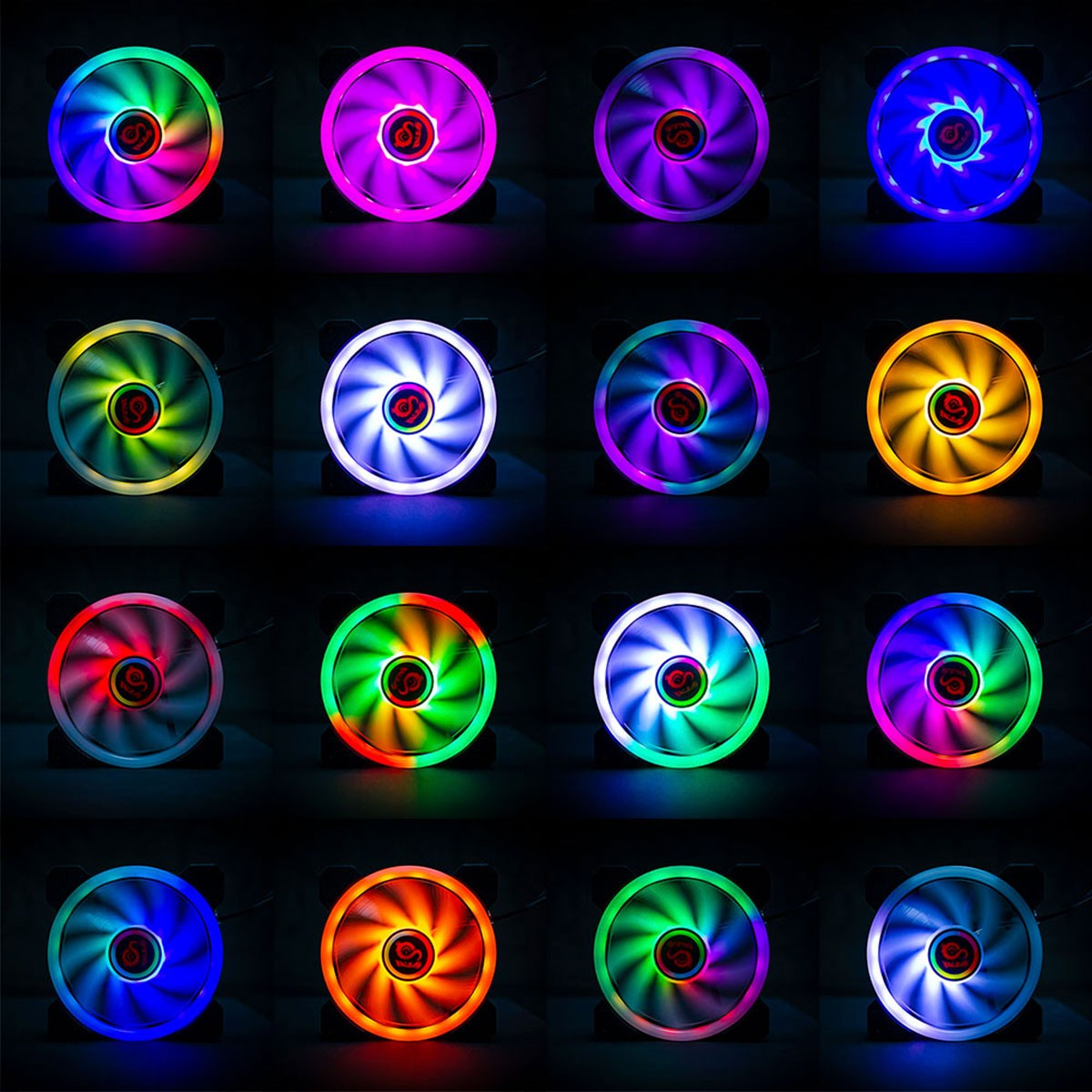 Array di sedici ventole per computer con luci LED colorate.