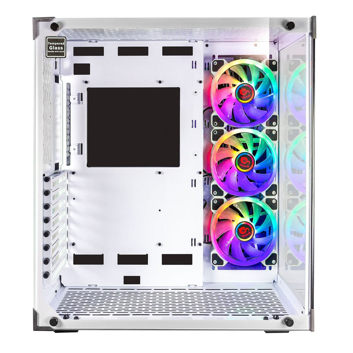 Case per computer bianco con ventole colorate.