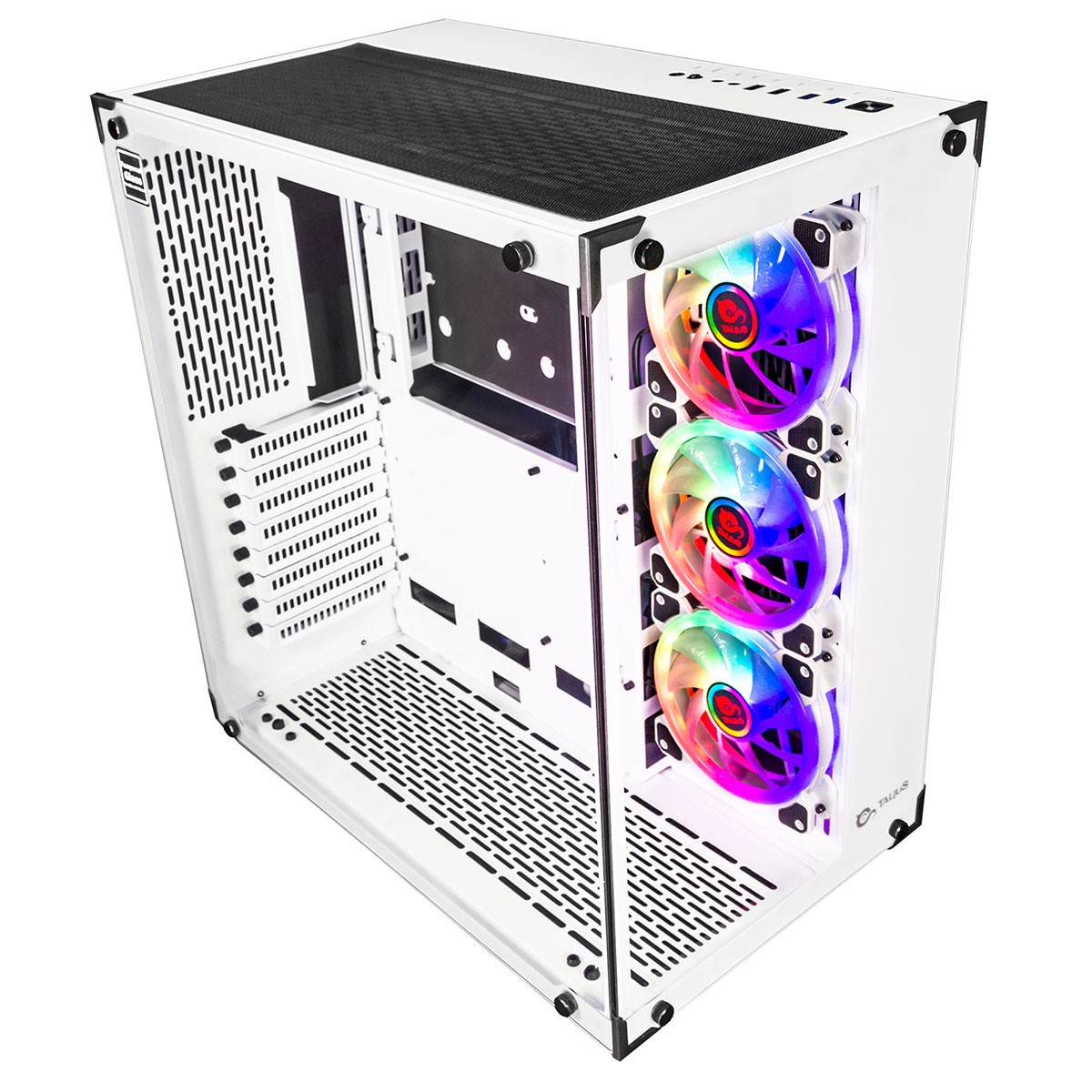 Case per computer bianco con ventole che mostrano colori arcobaleno.