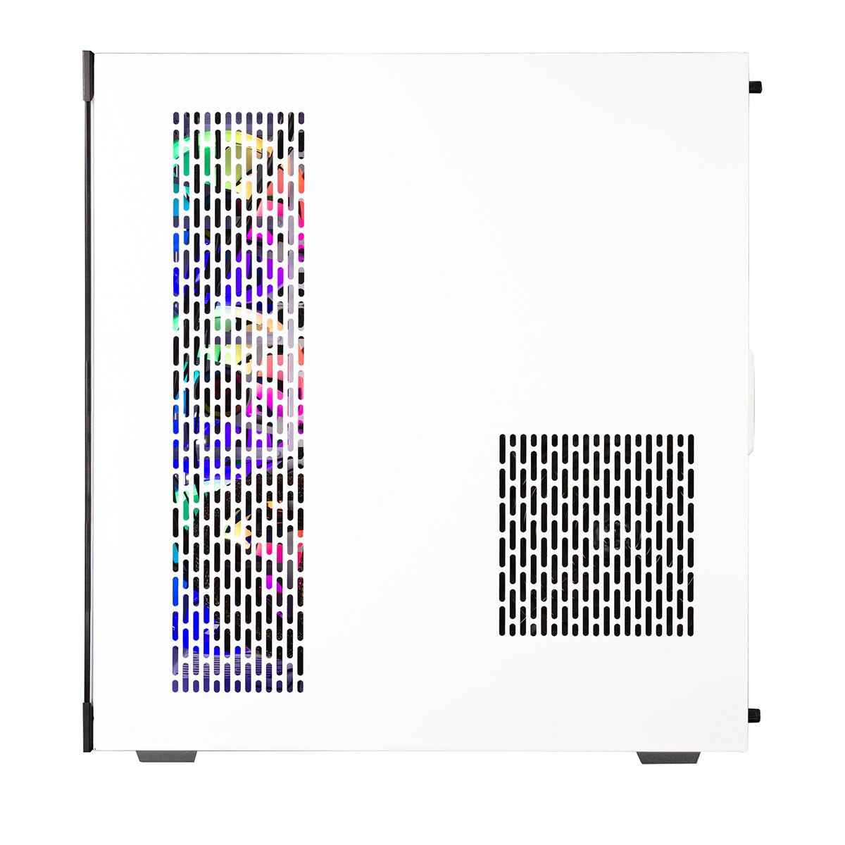 Case per computer bianco. Il lato ha una rete per il flusso d'aria con luci LED colorate visibili.