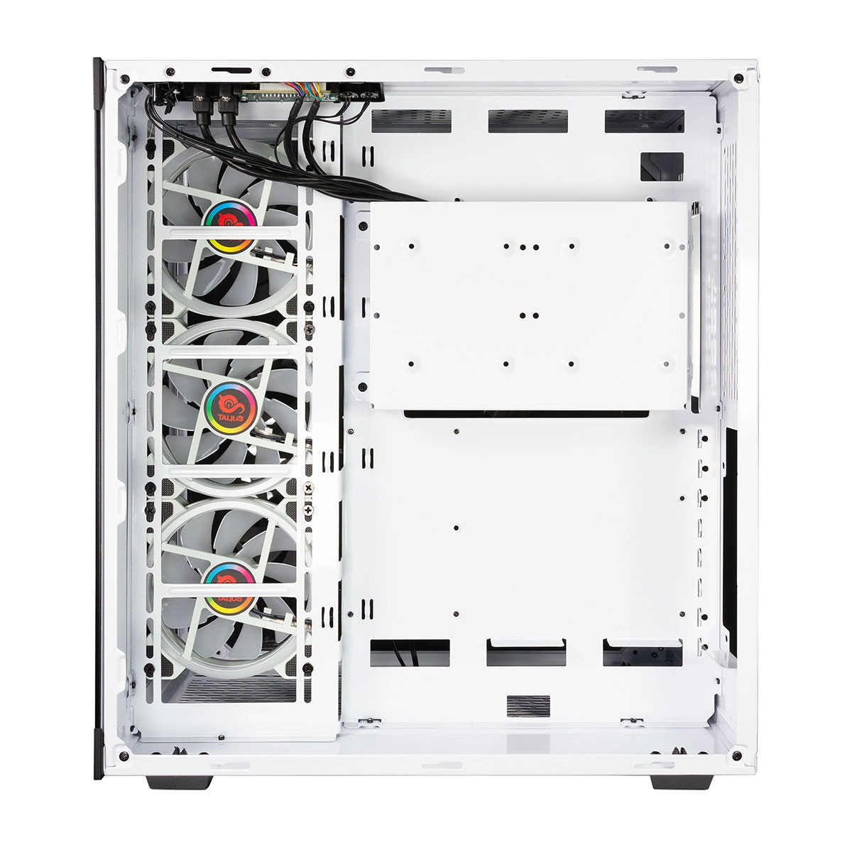 Case per computer bianco aperto con ventole e componenti interni visibili. Accenti neri. Sfondo bianco.