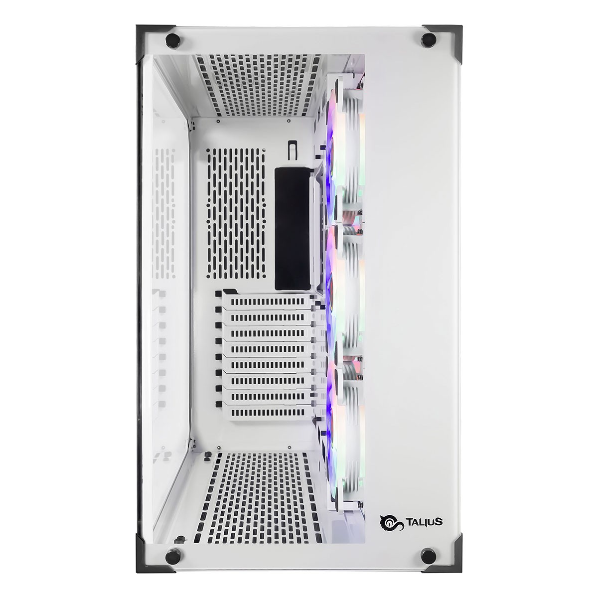 Case per computer bianco con pannelli in vetro e componenti interni visibili, con logo Talius.