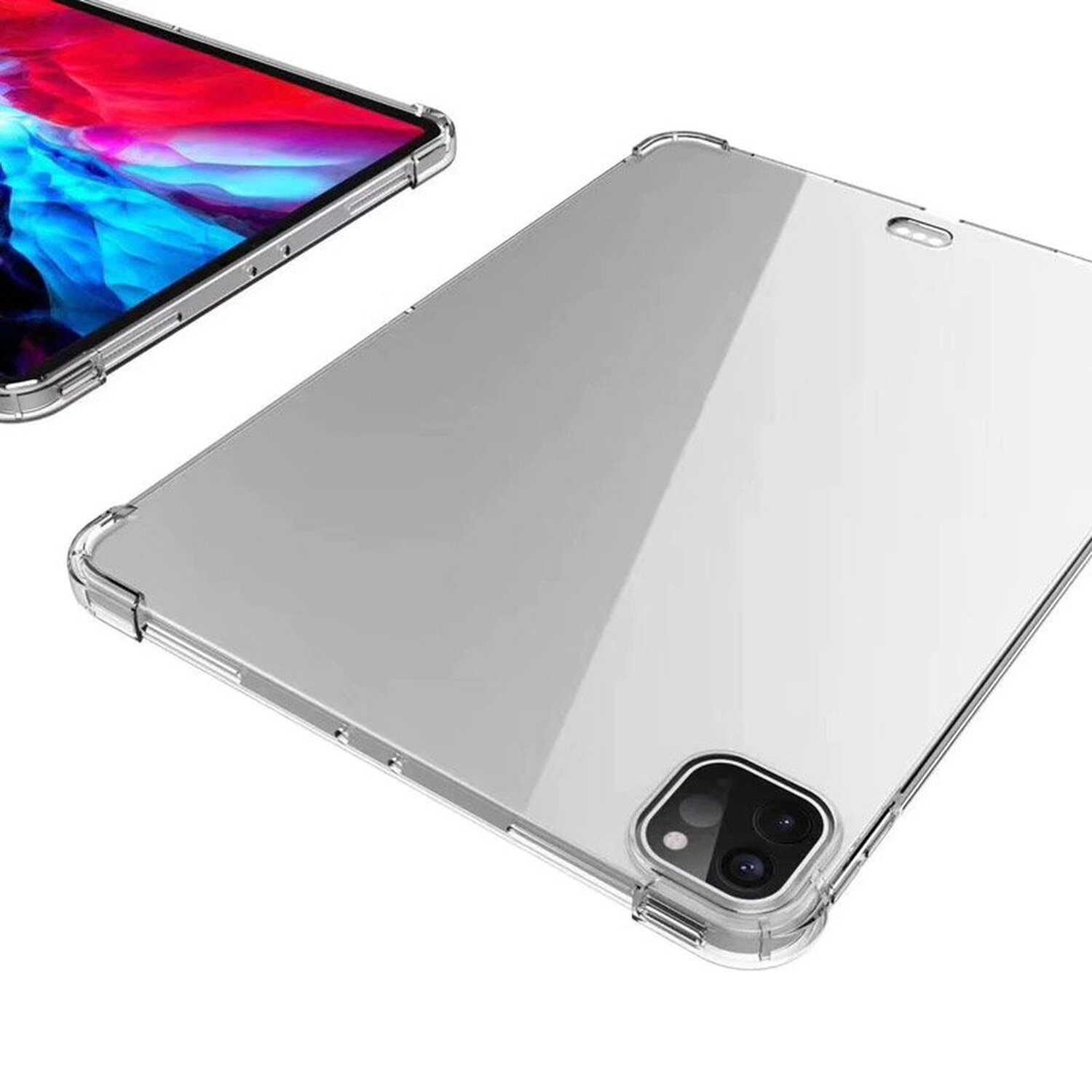Transparente Schutzhülle für ein iPad, schräge Ansicht.