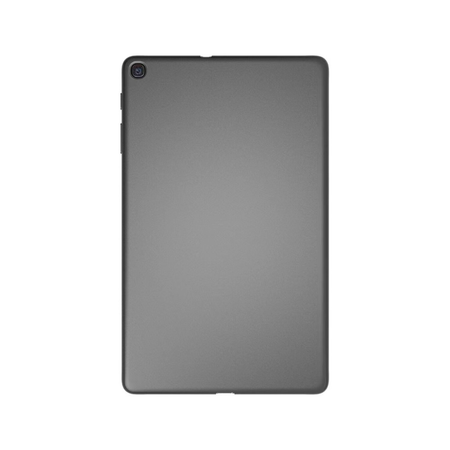 Graues Tablet auf weißem Hintergrund. Kameraobjektiv oben links. Angesicht.