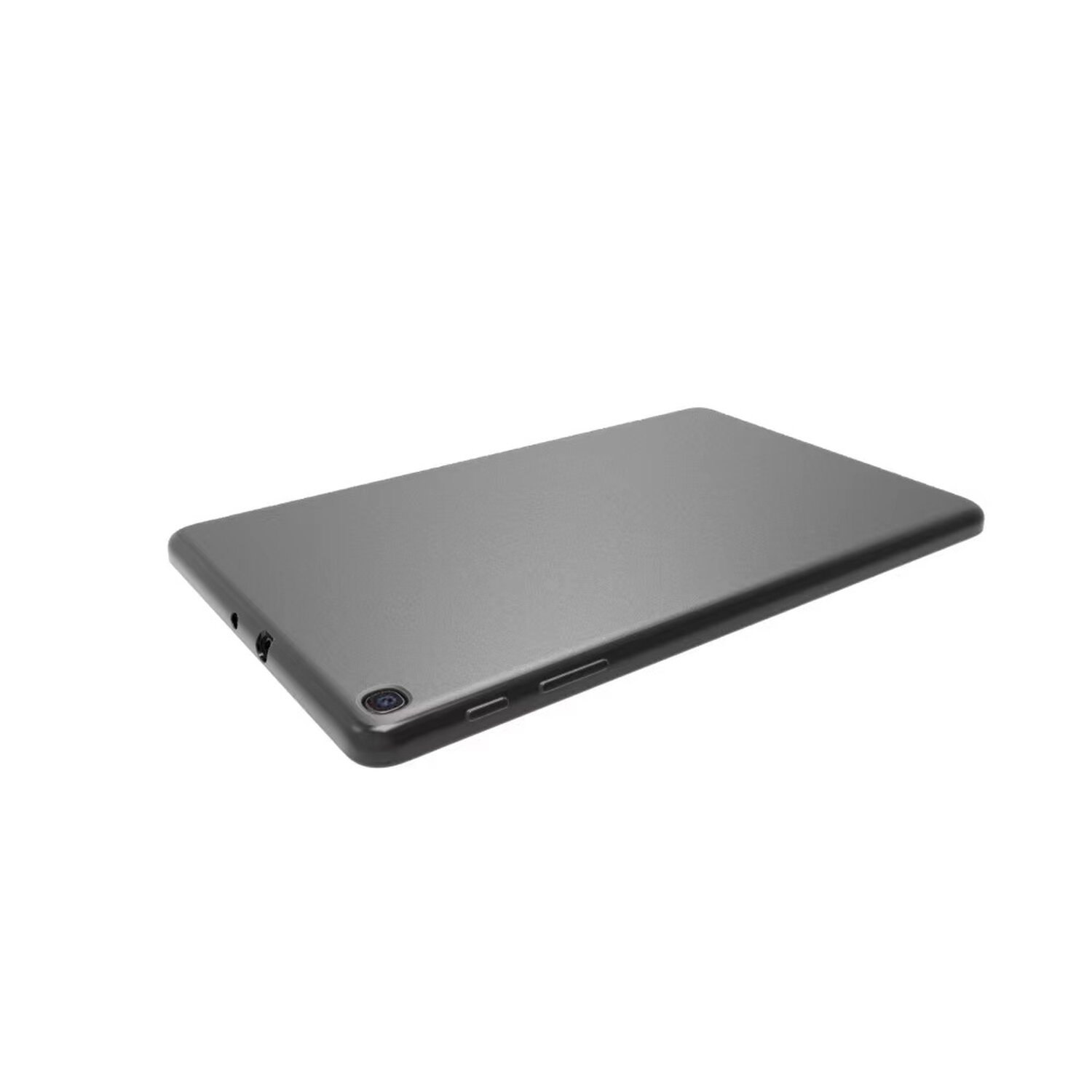 Rückseite eines grauen Tablets mit Kamera, Kopfhöreranschluss und Anschlüssen. Isoliert auf Weiß.