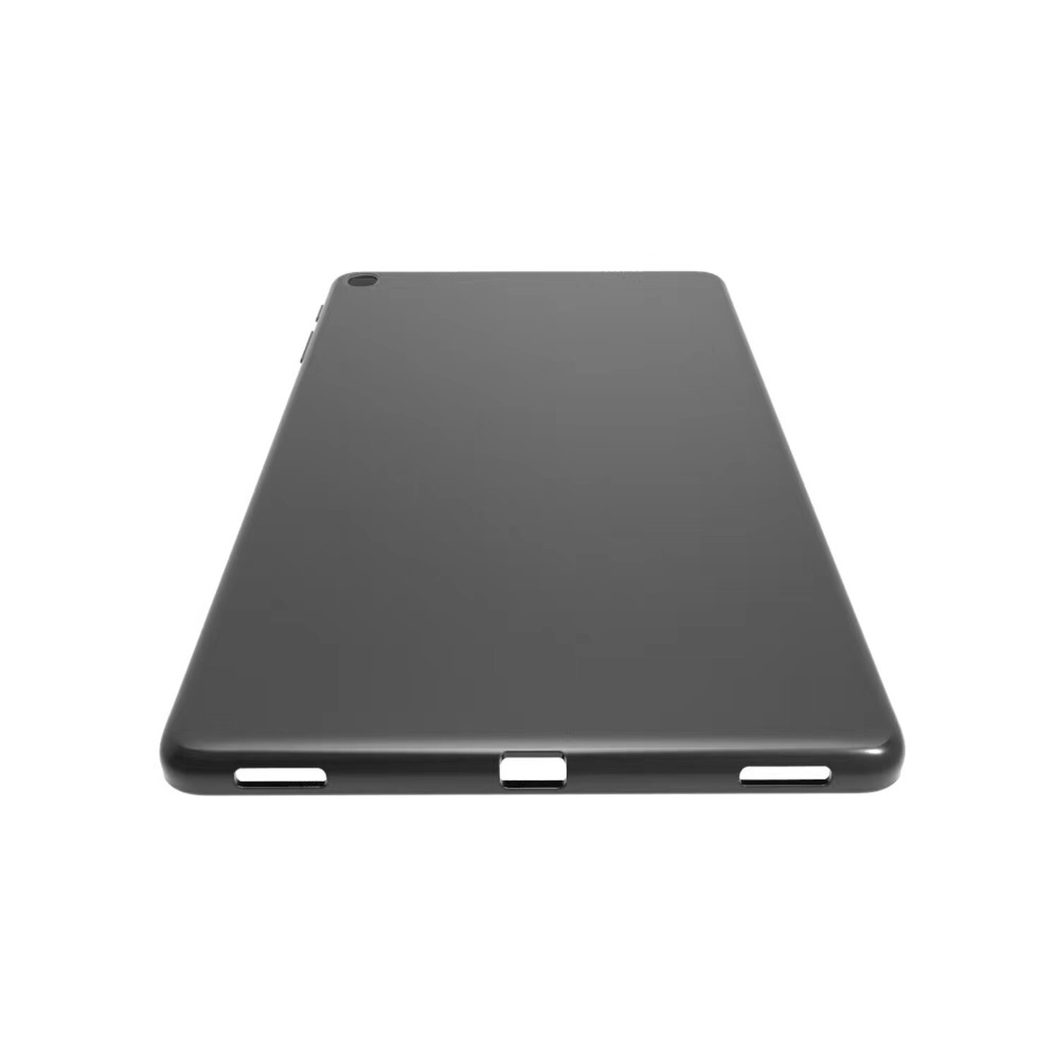 Schwarze Tablethülle mit Aussparungen für Anschlüsse auf weißem Hintergrund.
