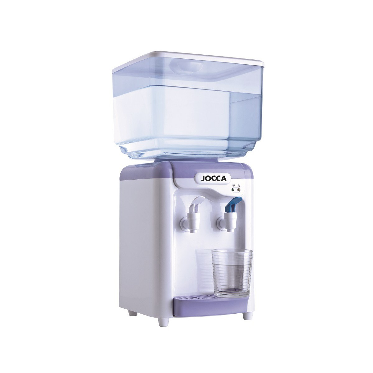 Weiß-violetter Wasserspender mit transparentem Wassertank und einem Glas darunter.