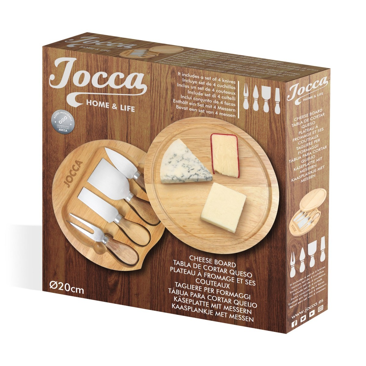 Käsebrett-Set mit Messern und Käse, auf einer Box mit Text.