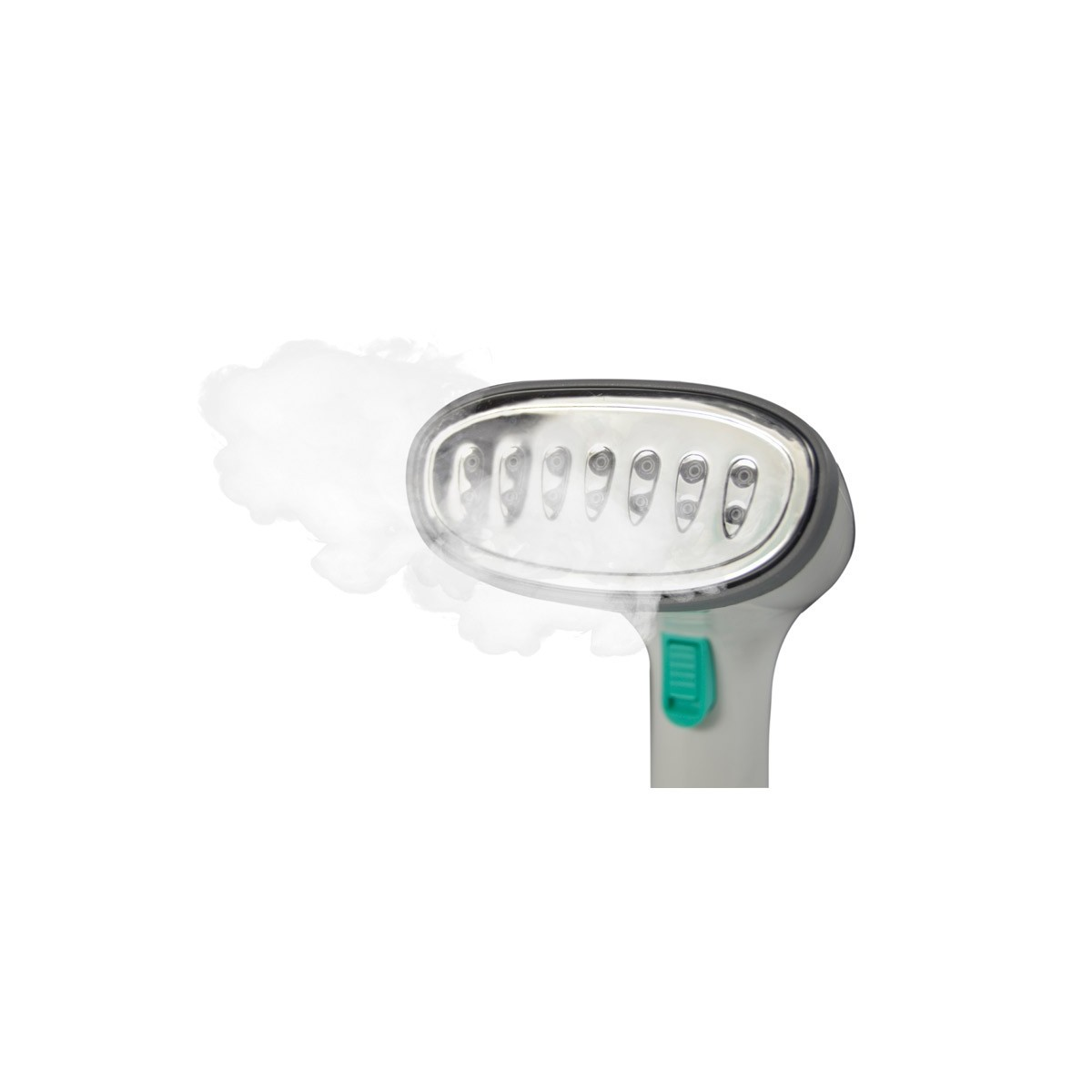 Hand-Kleidungsdampfer. Dampfkopf mit Dampfausstoß, weißer Hintergrund.