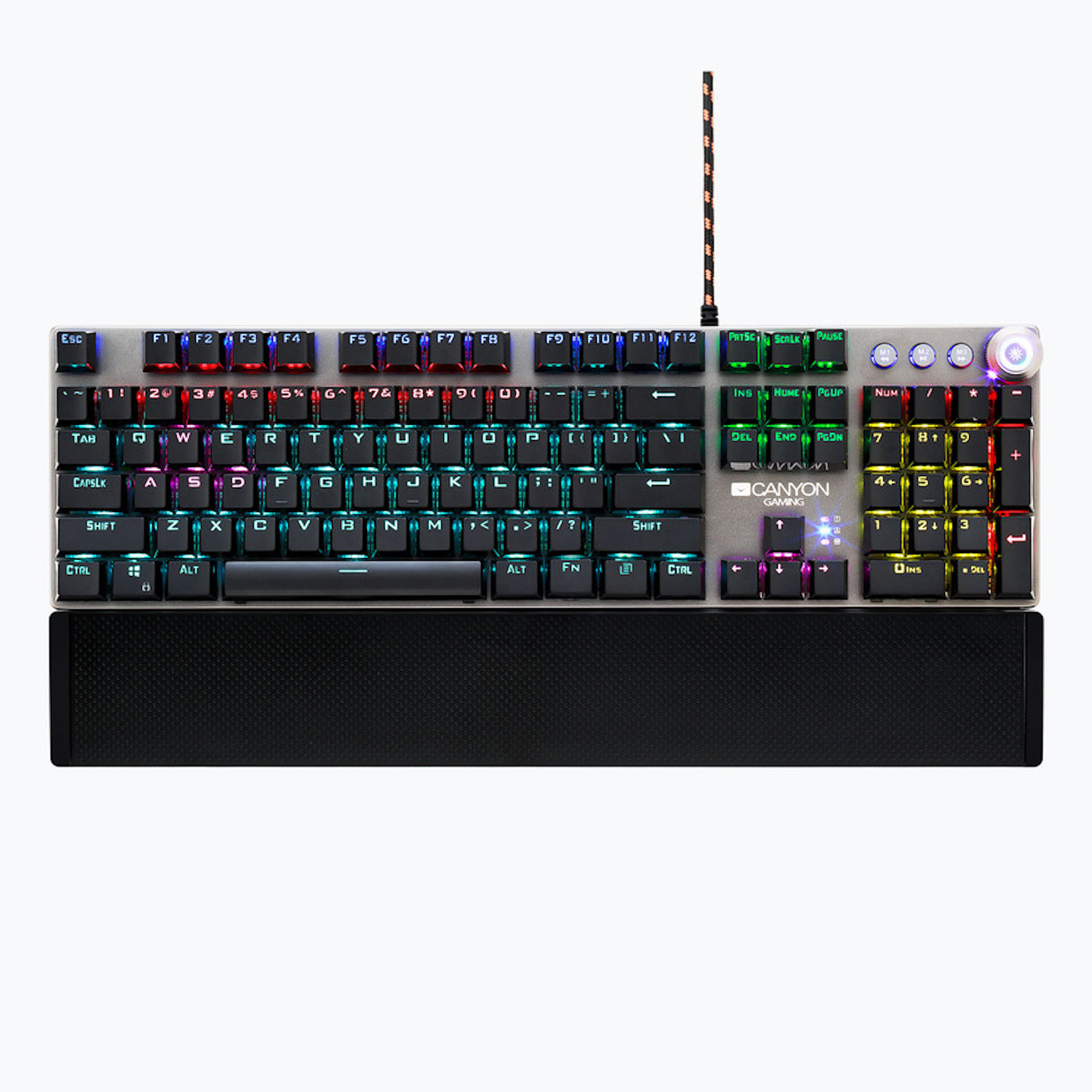 Tastiera da gaming, argento e nero, con tasti colorati e poggiapolsi.