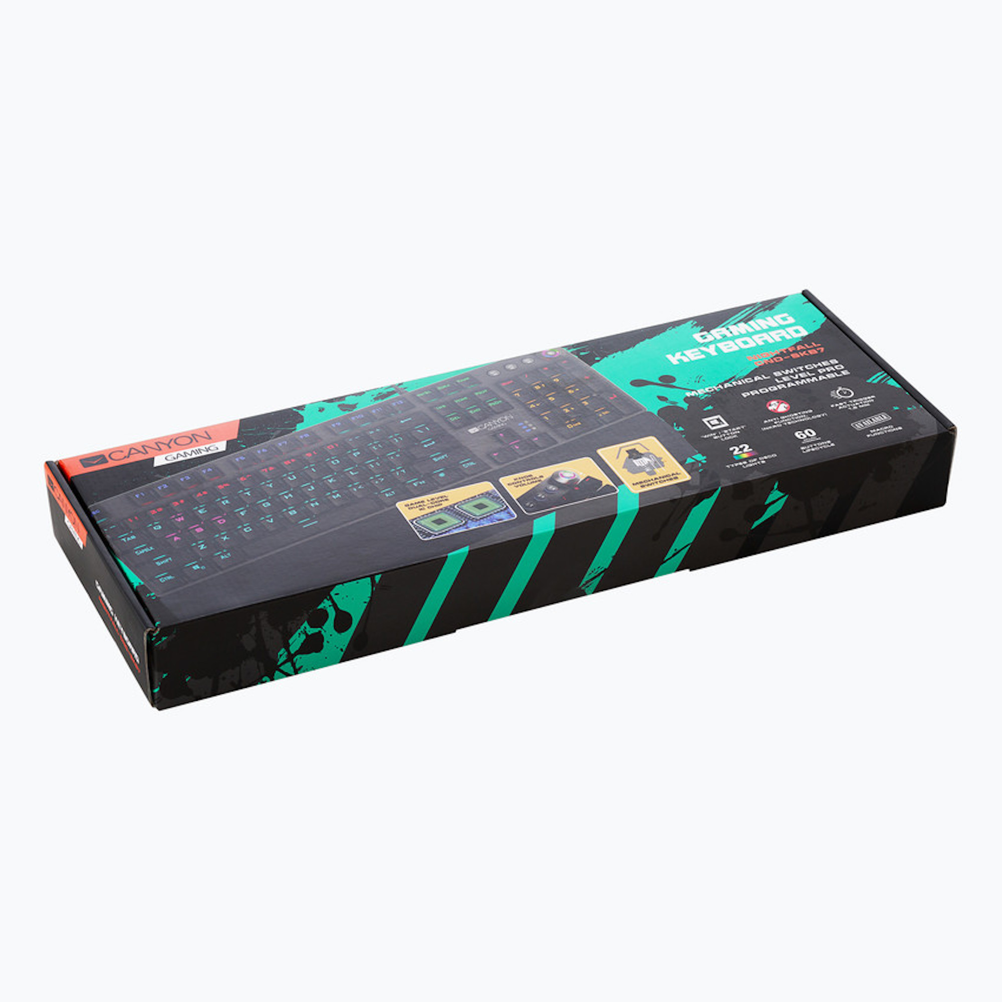 Tastiera gaming in una scatola, con informazioni sul design e il marchio.