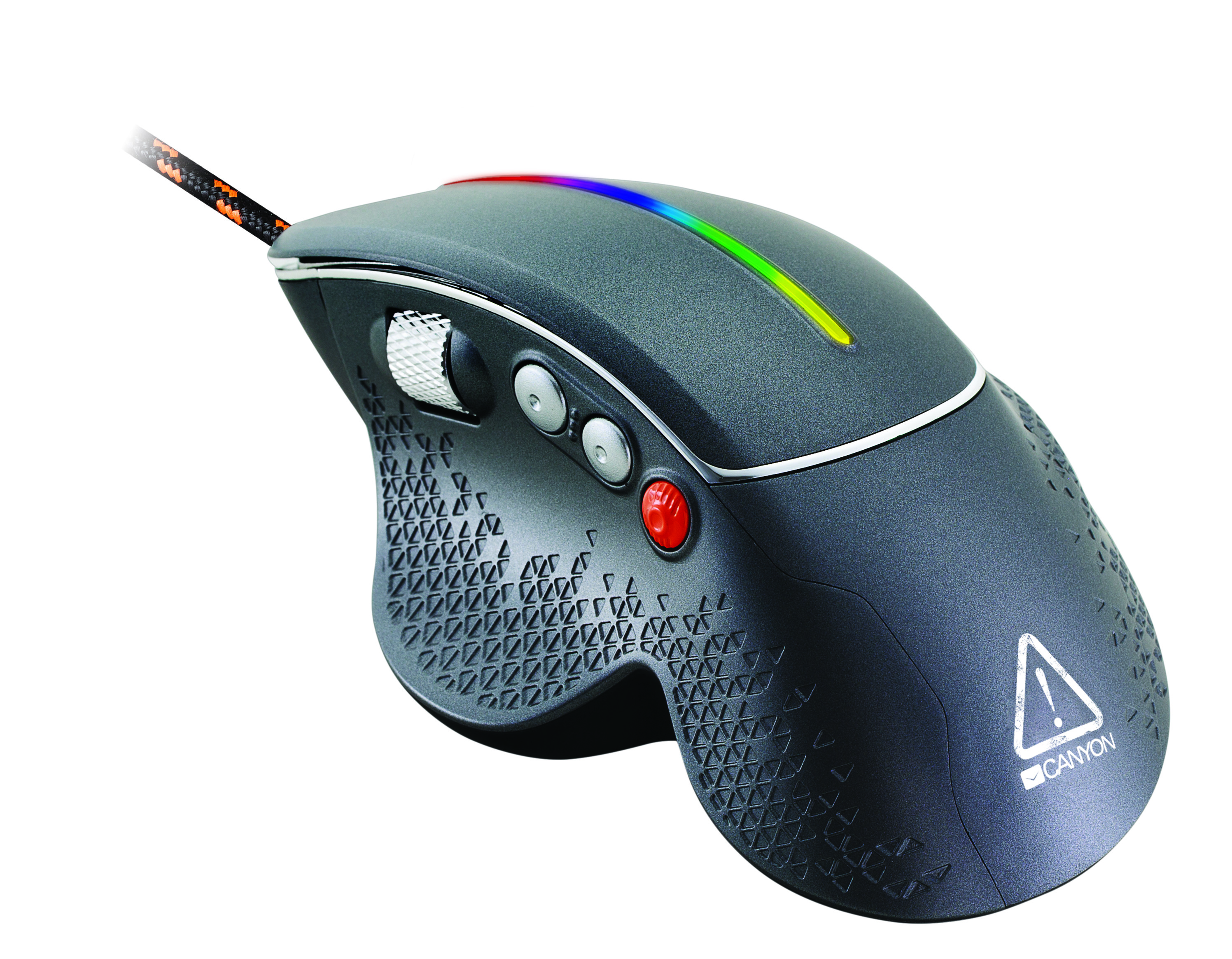 Szara i czarna mysz gamingowa Canyon z tęczowym światłem, przyciskami i ikoną ostrzegawczą.