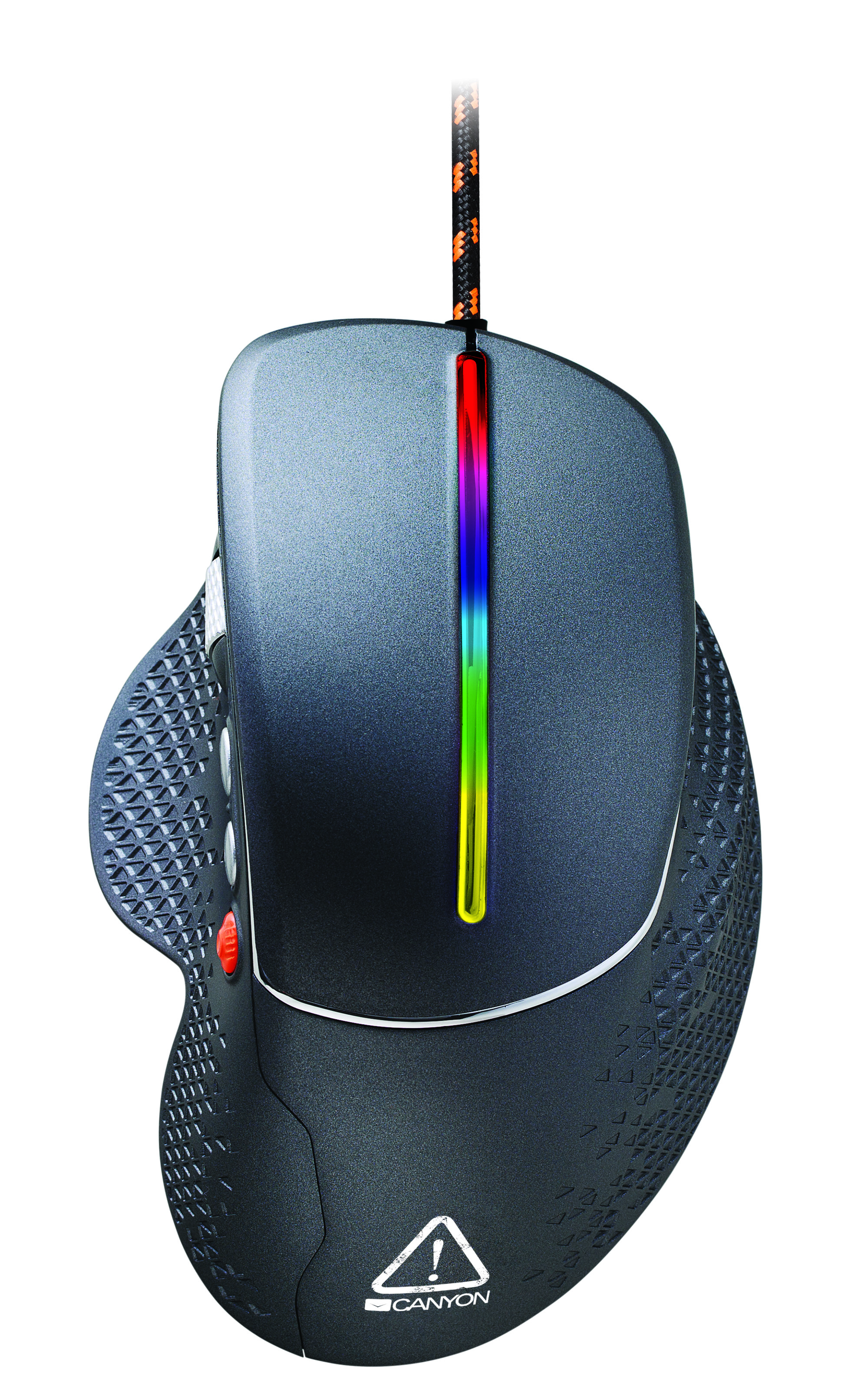 Mysz gamingowa, ciemnoszara z paskiem RGB i pomarańczowym przyciskiem.