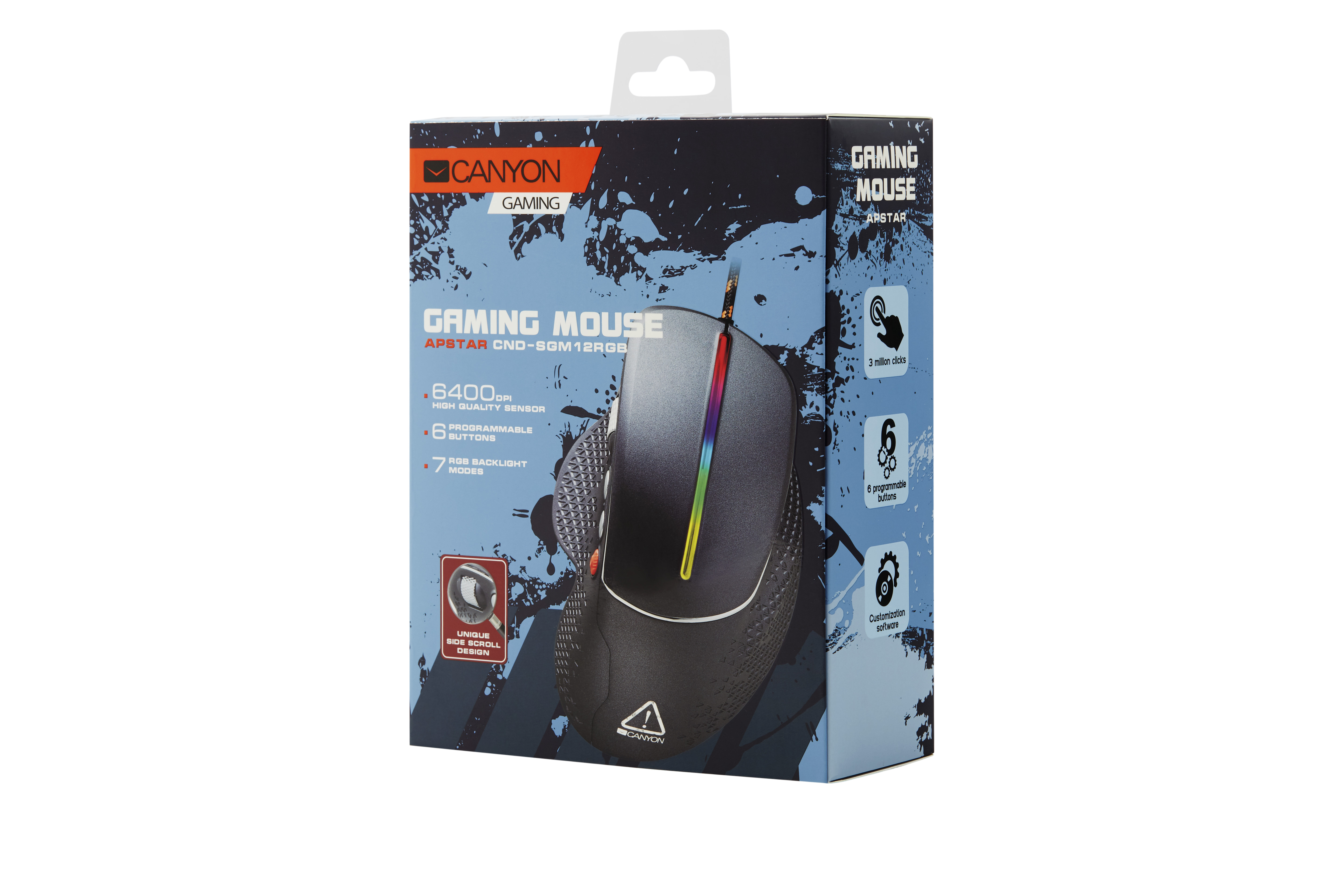 Pudełko myszy gamingowej z czarno-szarą myszą w środku. Pudełko jest białe, czarne i niebieskie.