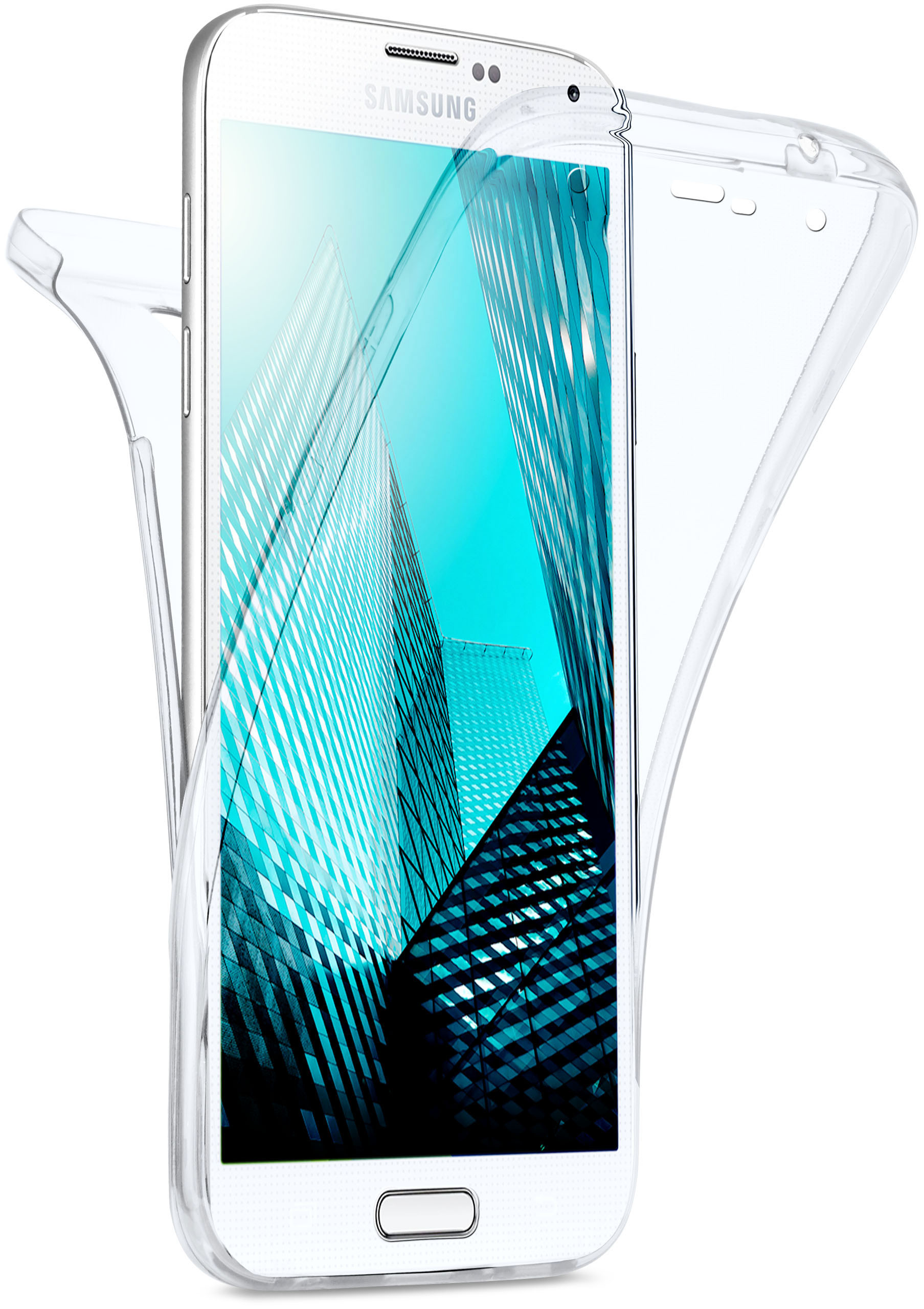 Transparente Handyhülle auf einem Samsung-Telefon mit Stadtansicht, weißer Hintergrund.