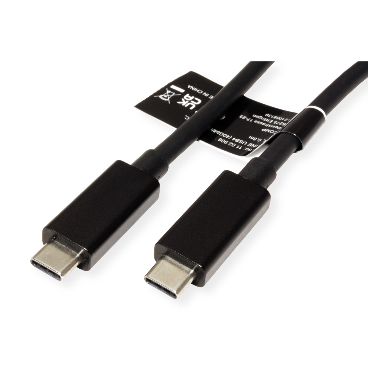 Zwei schwarze USB-C-Kabel mit Steckern auf weißem Hintergrund. Eines hat ein Etikett.