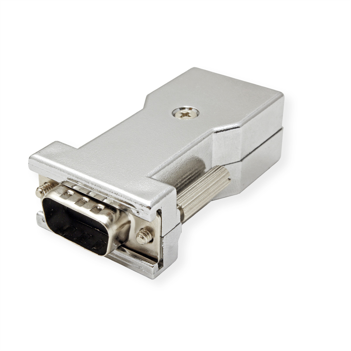 Ein silberner D-Sub-Stecker auf weißem Hintergrund.