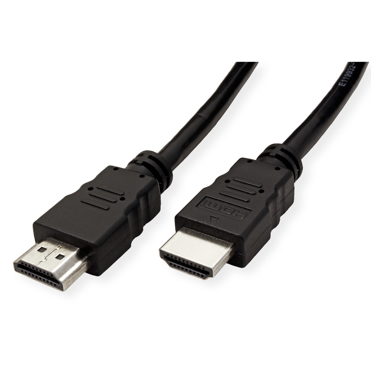 Twee zwarte HDMI-kabels met connectoren, geïsoleerd op een witte achtergrond.
