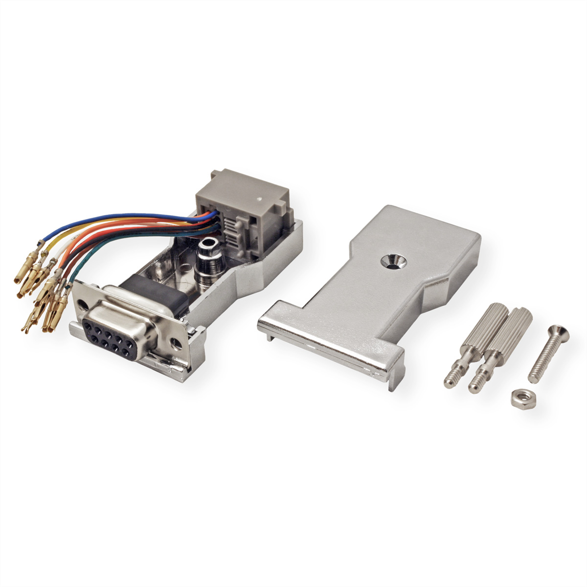 Silberner Stecker mit freiliegenden Drähten und Schrauben.