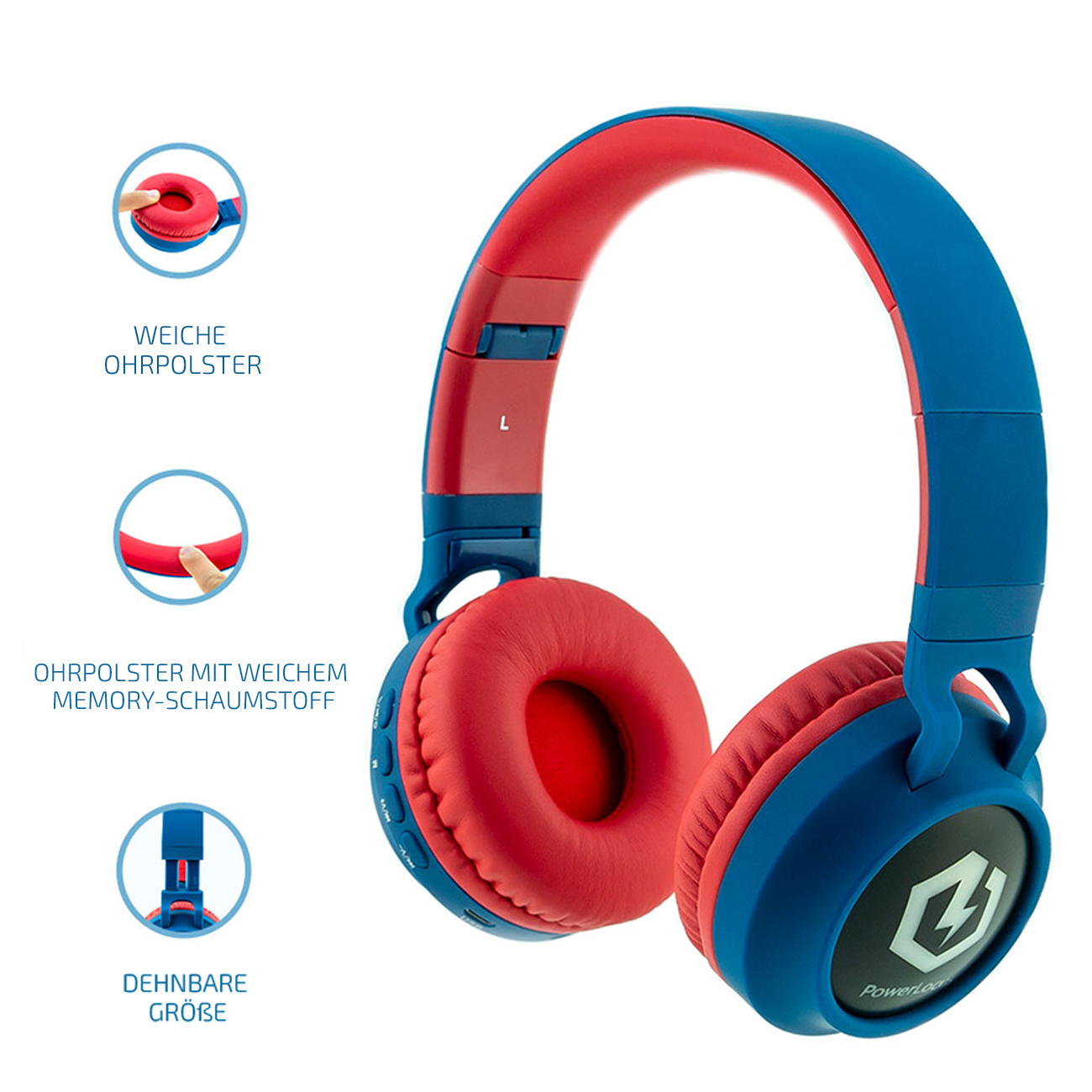 Over-ear Kopfhörer für Kinder, Blau/Rot Buddy Bluetooth POWERLOCUS