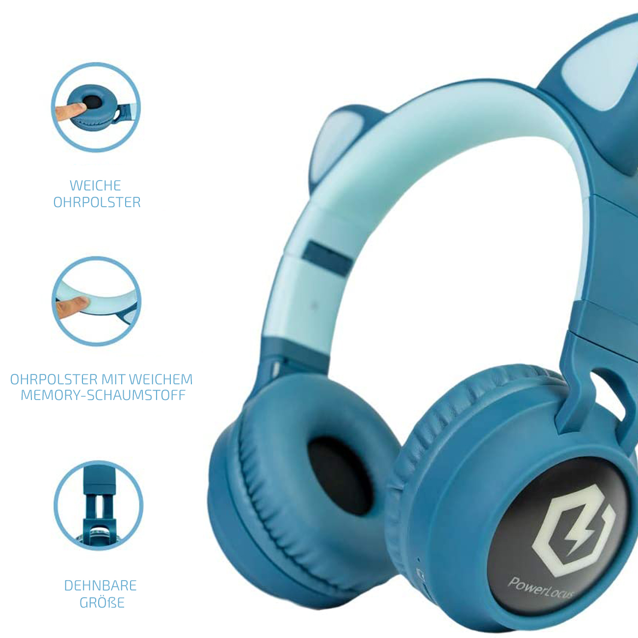POWERLOCUS Buddy für Bluetooth Kinder, Over-ear Blau Kopfhörer
