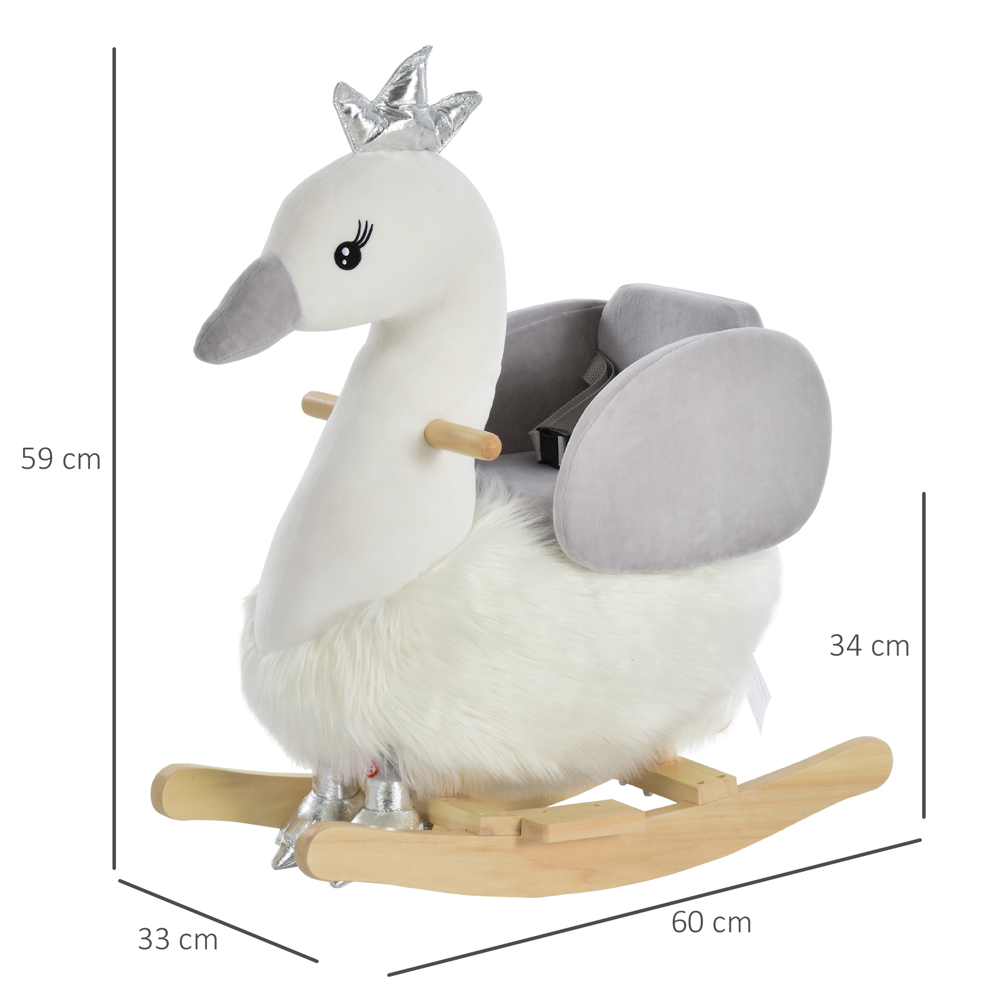 Un balancín blanco de cisne con corona y pelo, sobre balancines de madera.