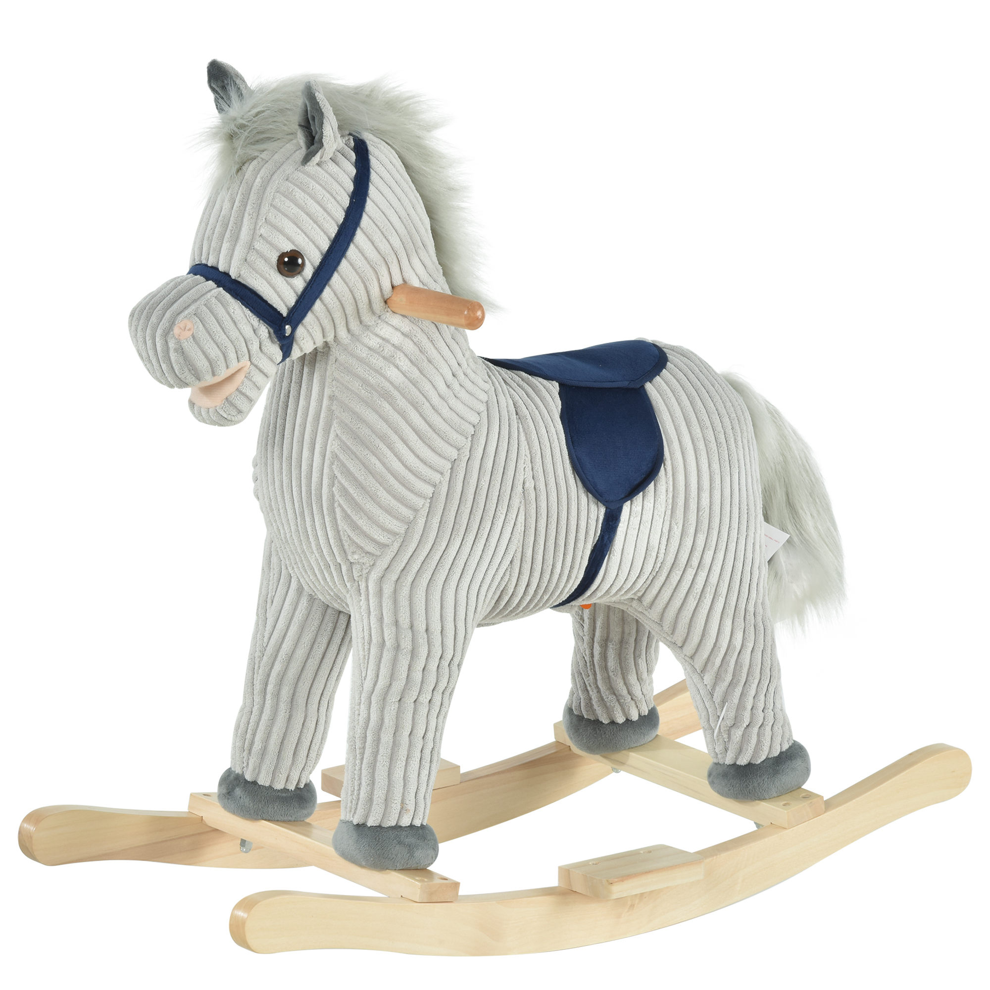 Un cavallo a dondolo grigio con sella blu e base in legno.