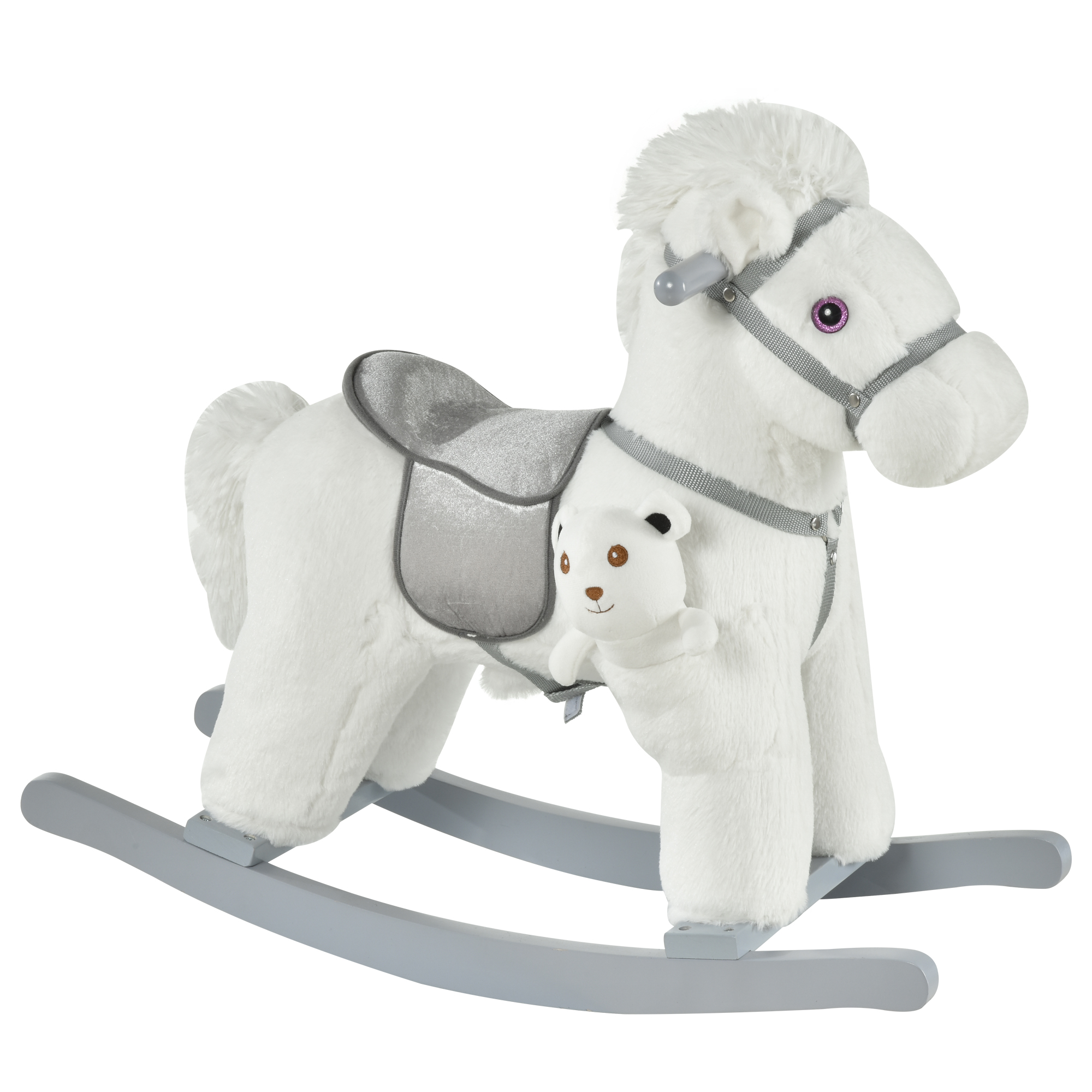 Cavallo a dondolo bianco con sella grigia e orsacchiotto attaccato. La base è grigia.