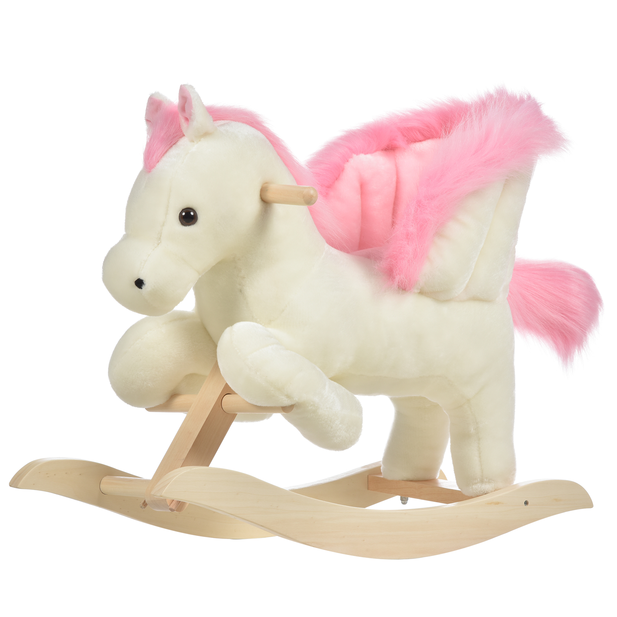 Un cavallo a dondolo bianco con criniera e coda rosa su base di legno, isolato su bianco.