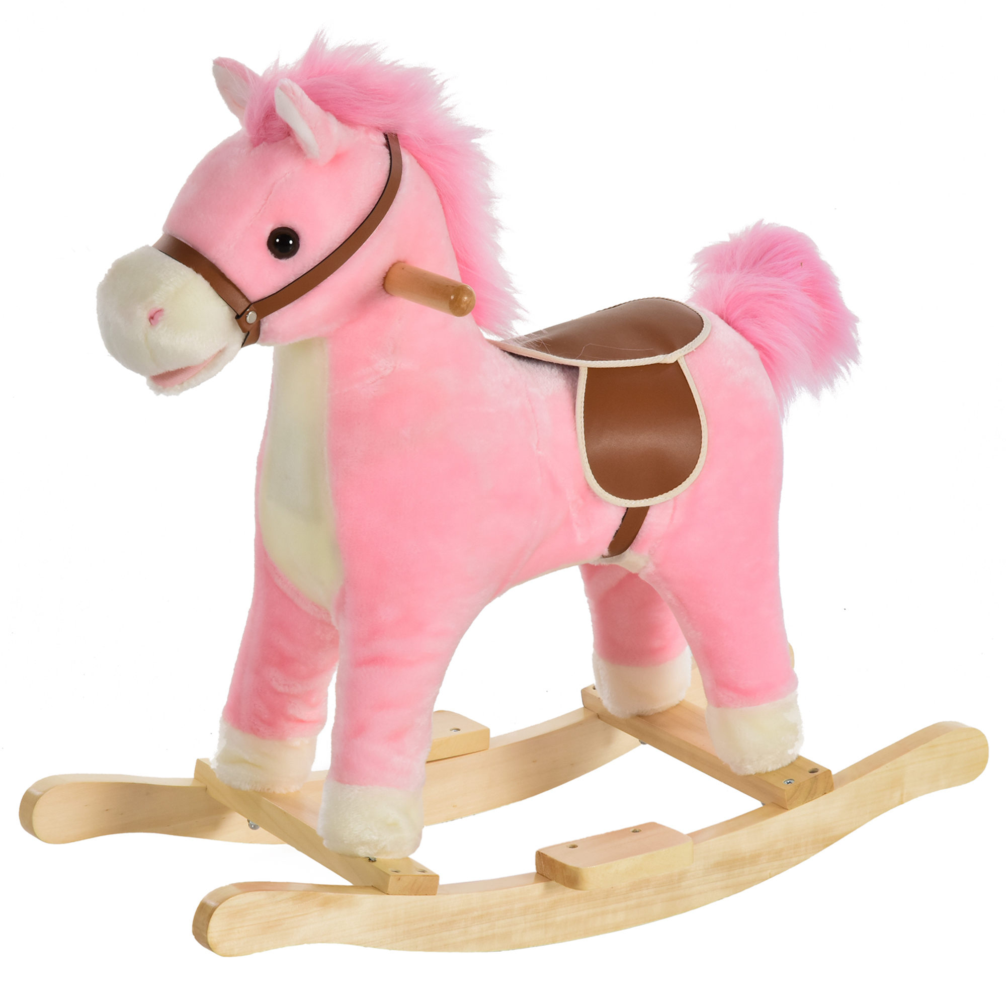 Cavallo a dondolo rosa su base di legno. Sella e criniera marroni. Sfondo bianco.