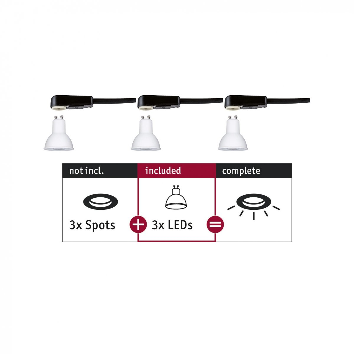 Schema di tre faretti. Il testo include '3x Spots', '3x LEDs' e la parola 'completo'.