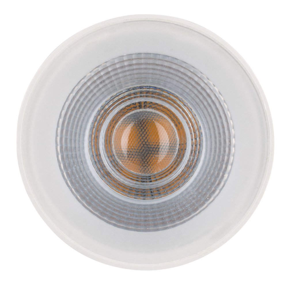 Primo piano di una lampadina LED bianca con un design circolare e un centro arancione brillante.