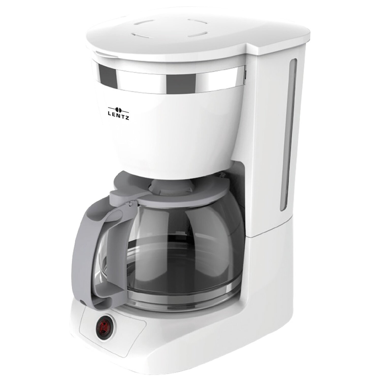 Eine weiße Kaffeemaschine mit einer Glaskaraffe und einem grauen Griff, LENTZ steht auf der Vorderseite.