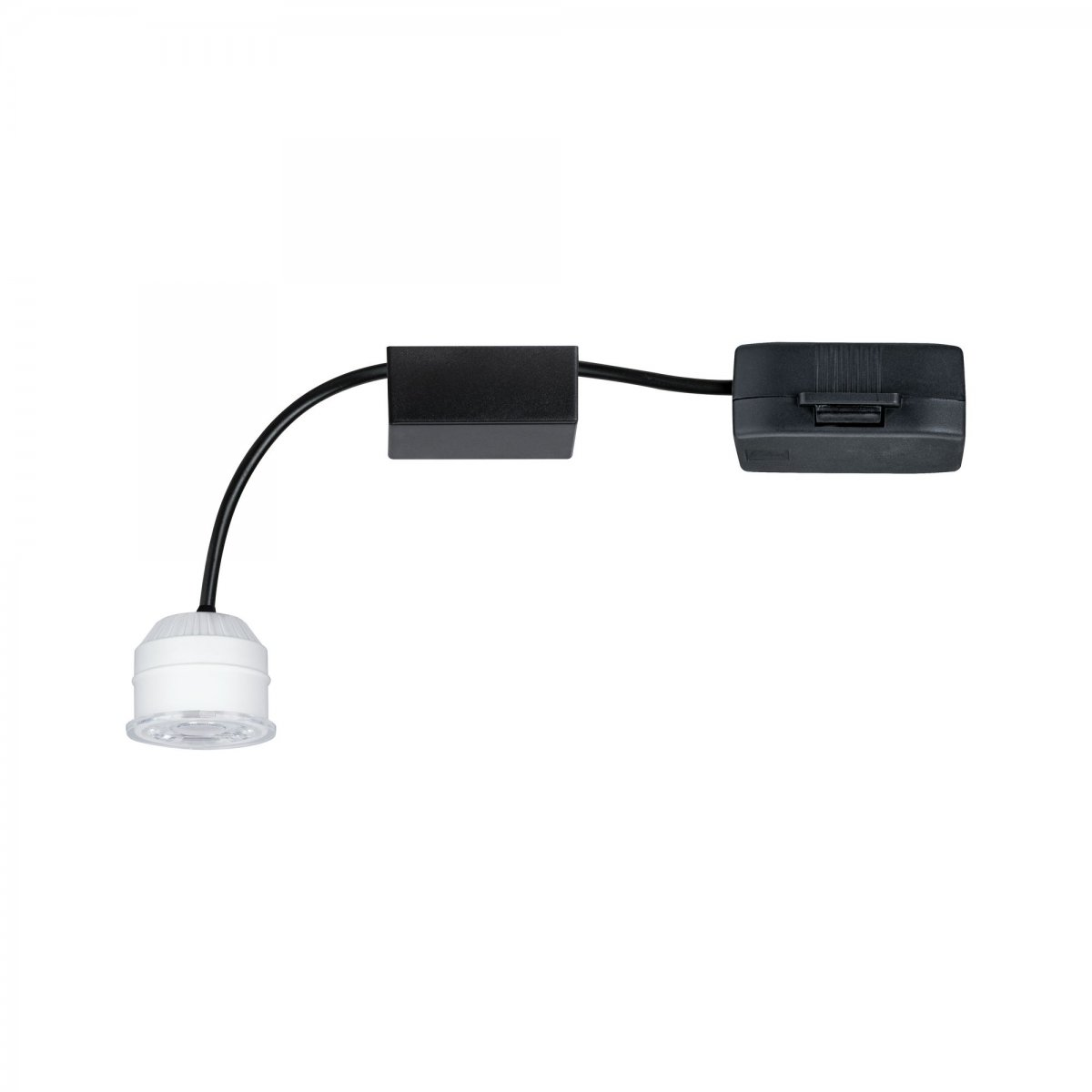 Dispositivo elettrico nero con componente luminosa bianca e cavo, su sfondo bianco.