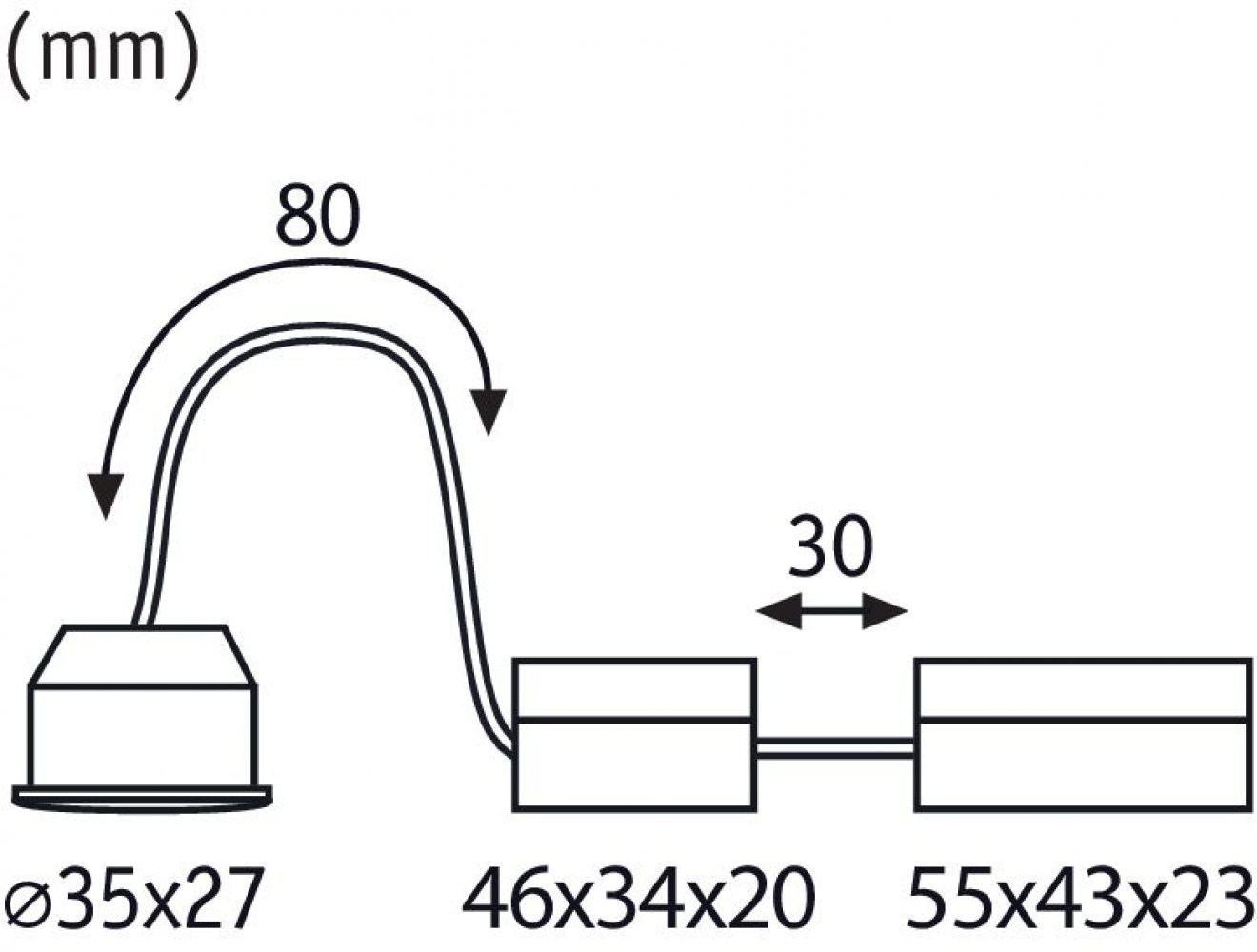 Diagramma con dimensioni: arco di 80 mm, larghezza di 30 mm e un cerchio di 35x27 mm.