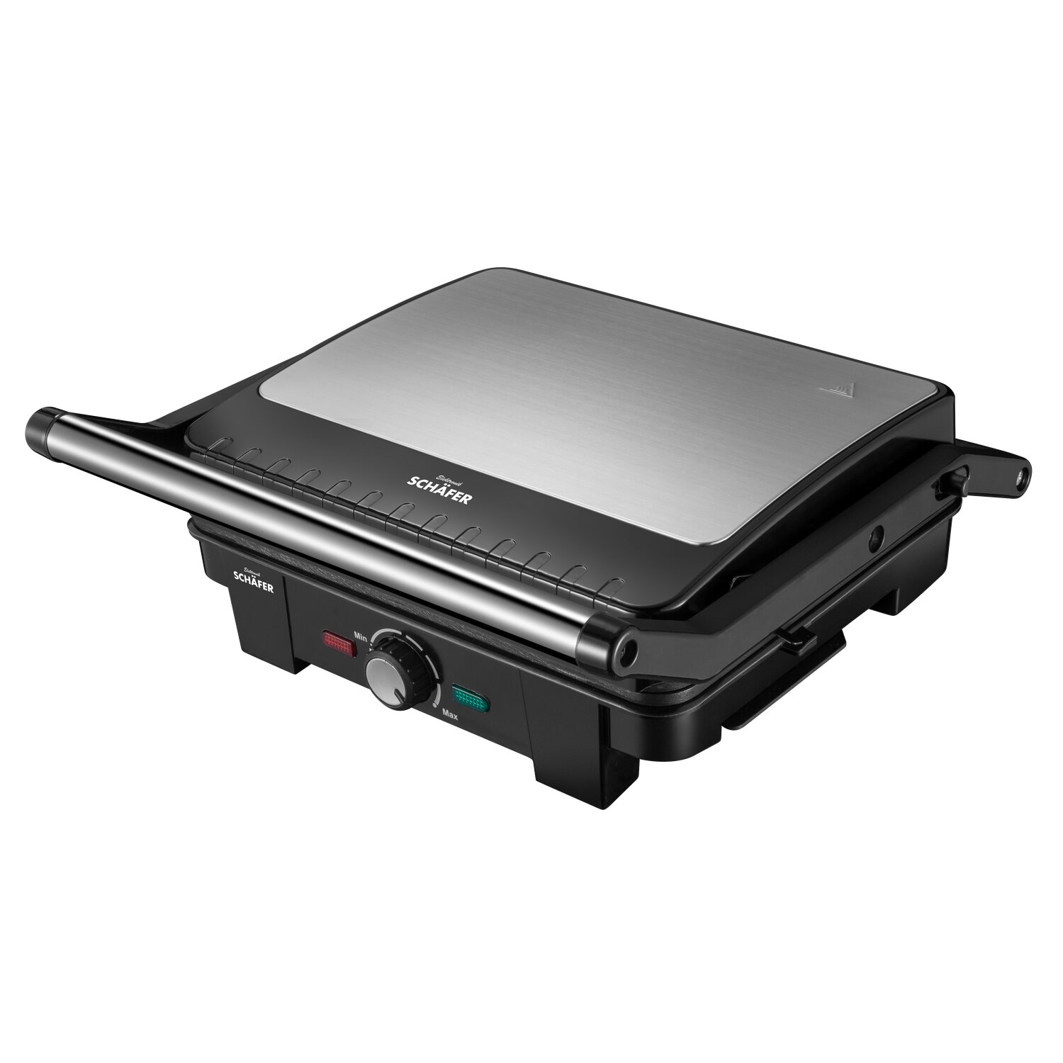 Schwarzer und silberner Panini-Maker. Er hat einen Griff und Kontrollleuchten.