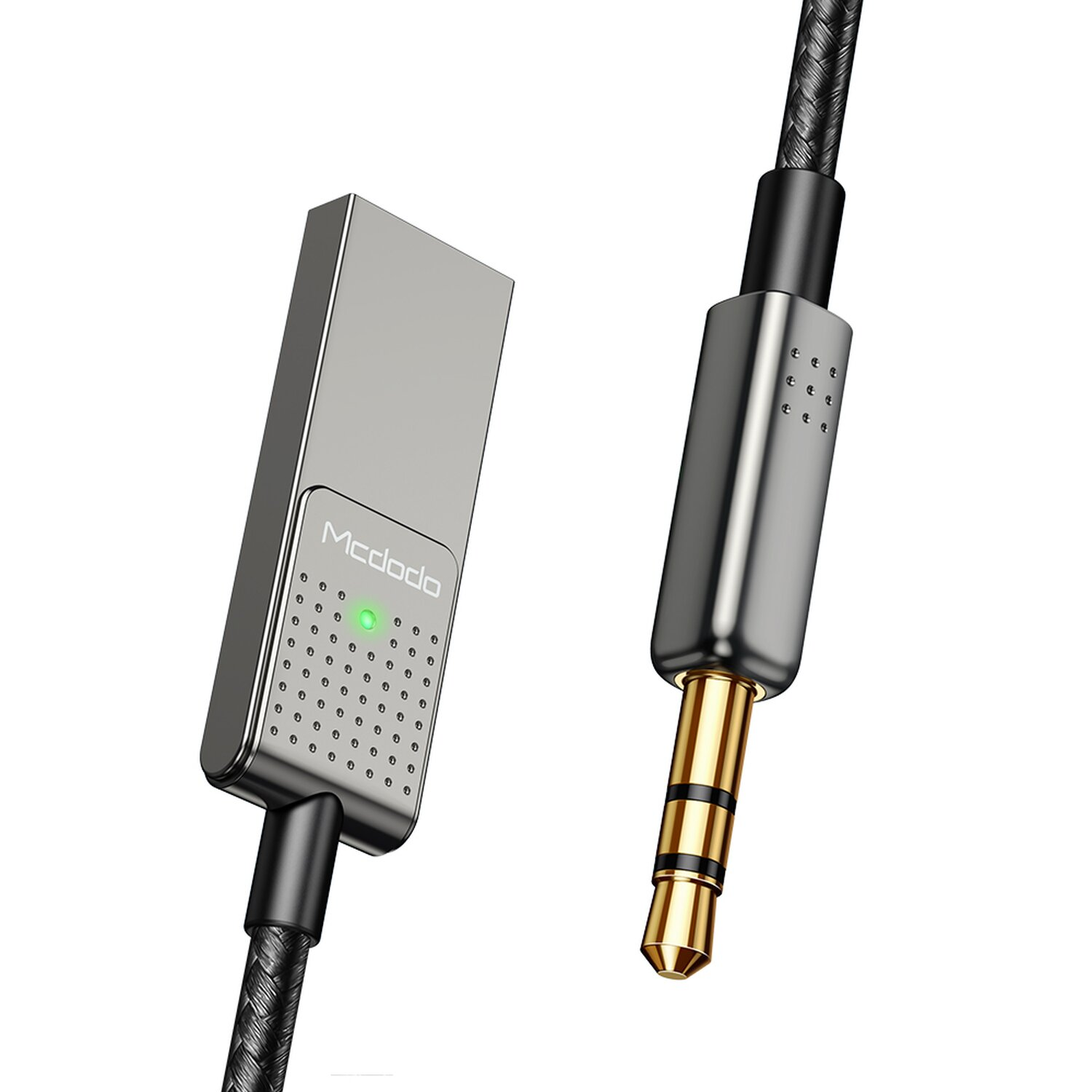 Silber-schwarzes Kabel mit grünem Licht. Ein 3,5-mm-Klinkenstecker befindet sich rechts. Weißer Hintergrund.