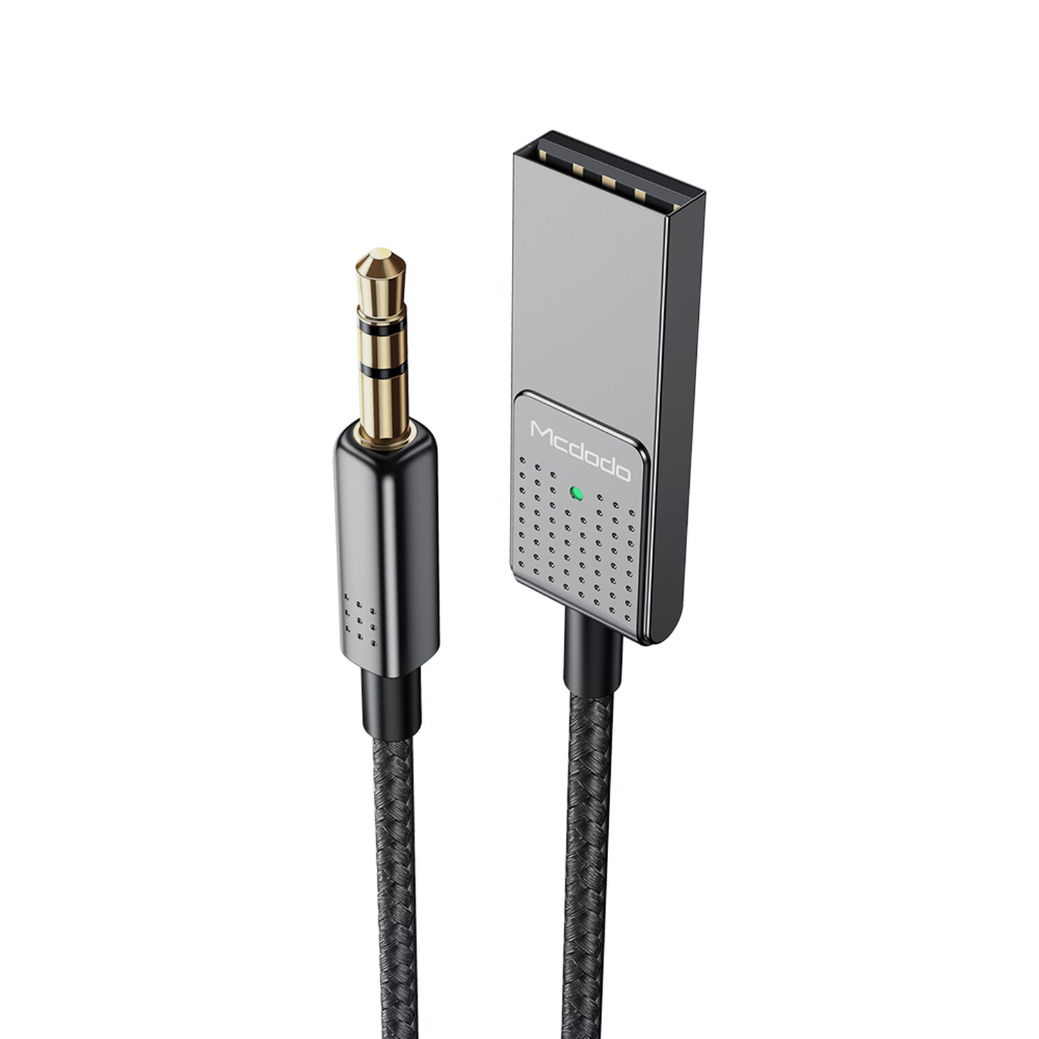 Audio-Klinkenkabel mit USB. Silber und Schwarz. Nahaufnahme.