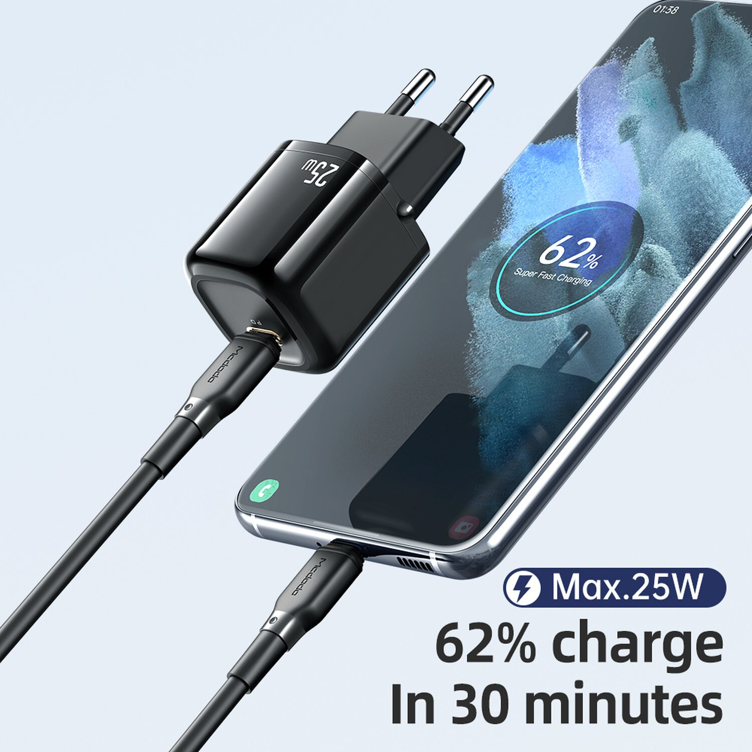 Ein Telefon, das mit einem schwarzen Ladegerät geladen wird. Der Bildschirm zeigt 62% Ladung in 30 Minuten.