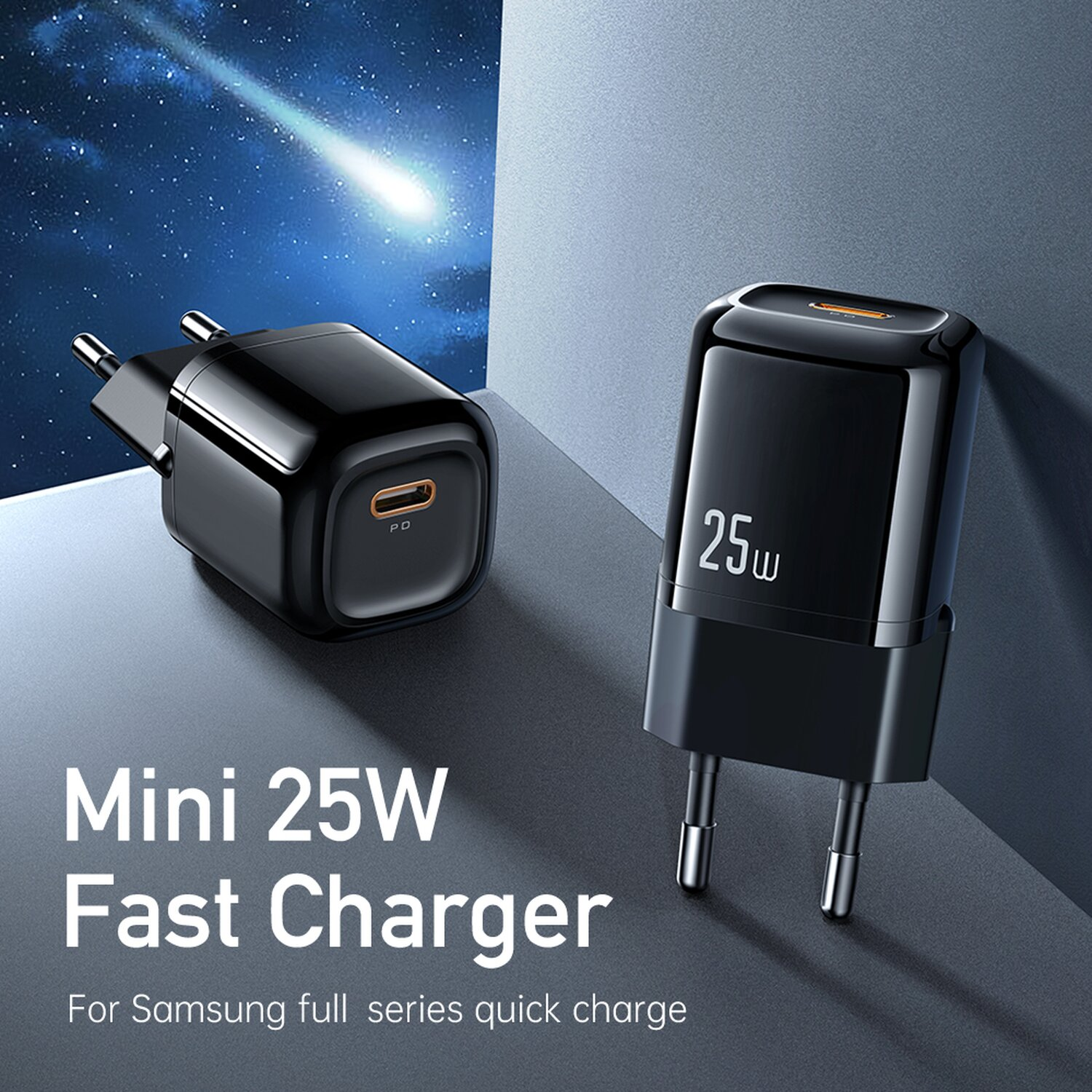 Schwarzes 25-W-Schnellladegerät. Text: Mini 25W Fast Charger, Für Samsung-Schnellladung.