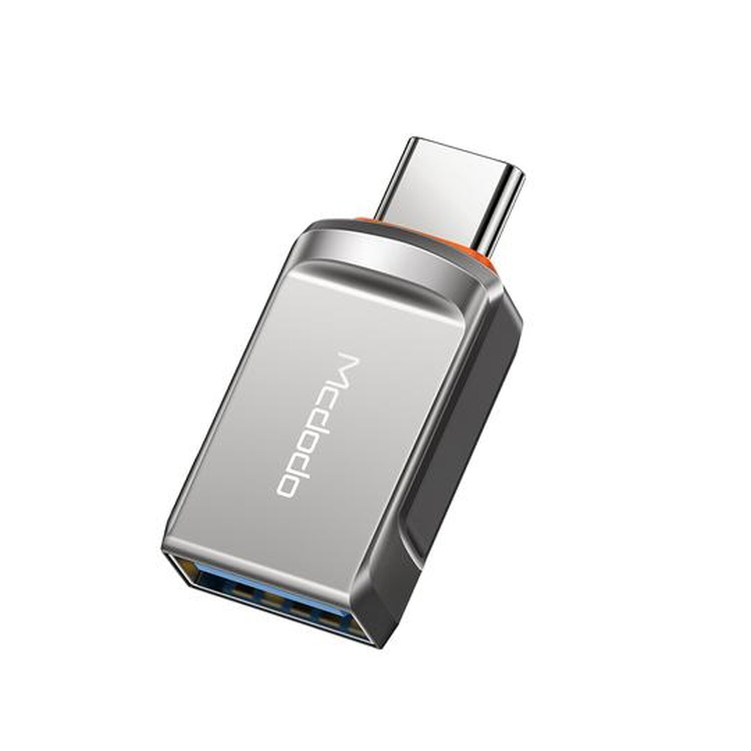 Silberner USB-C-Adapter mit dem Aufdruck „mcdodo“ auf weißem Grund.