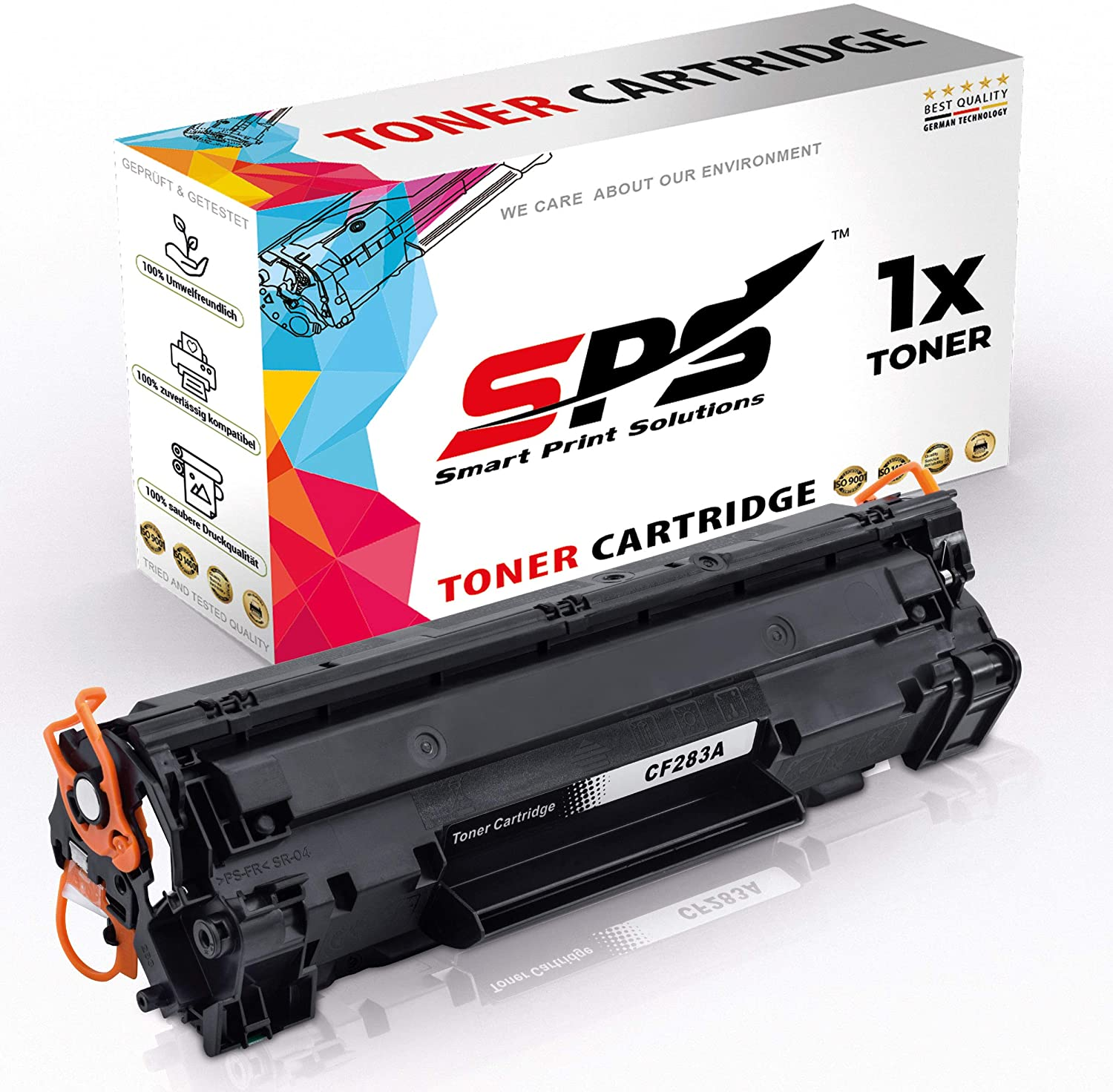 Toner-Kartusche in der Box. Schwarze Kartusche mit orangefarbenem Entriegelungshebel. Weißer Hintergrund.